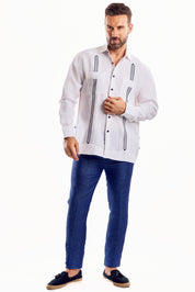 Mojito Men's Embroidery Trimmed Guayabera Shirt Chacabana 100% Linen Long Sleeve