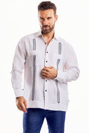 Mojito Men's Embroidery Trimmed Guayabera Shirt Chacabana 100% Linen Long Sleeve