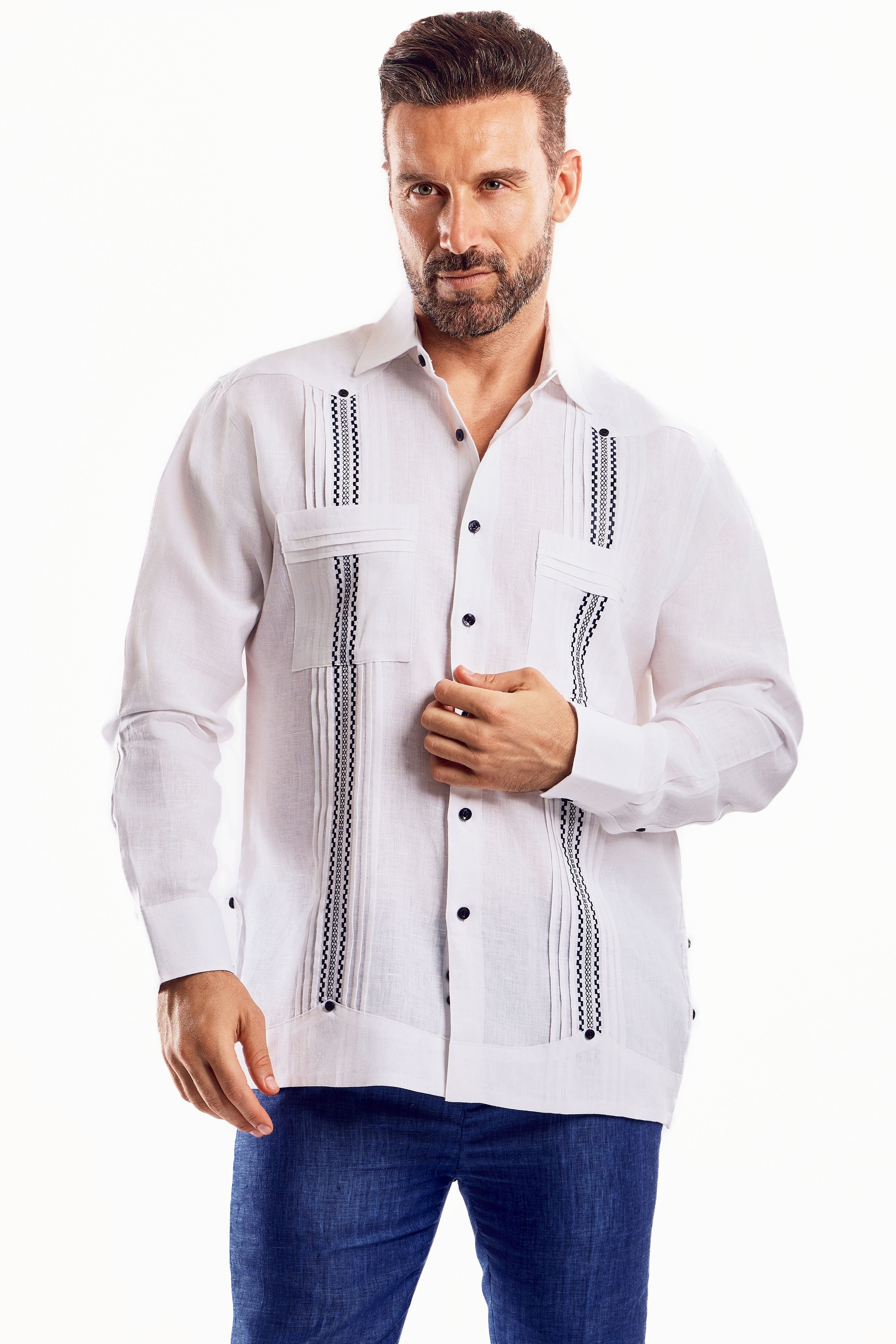 Mojito Men's Embroidery Trimmed Guayabera Shirt Chacabana 100% Linen Long Sleeve