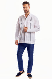 Mojito Men's Embroidery Trimmed Guayabera Shirt Chacabana 100% Linen Long Sleeve