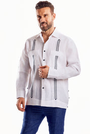 Mojito Men's Embroidery Trimmed Guayabera Shirt Chacabana 100% Linen Long Sleeve