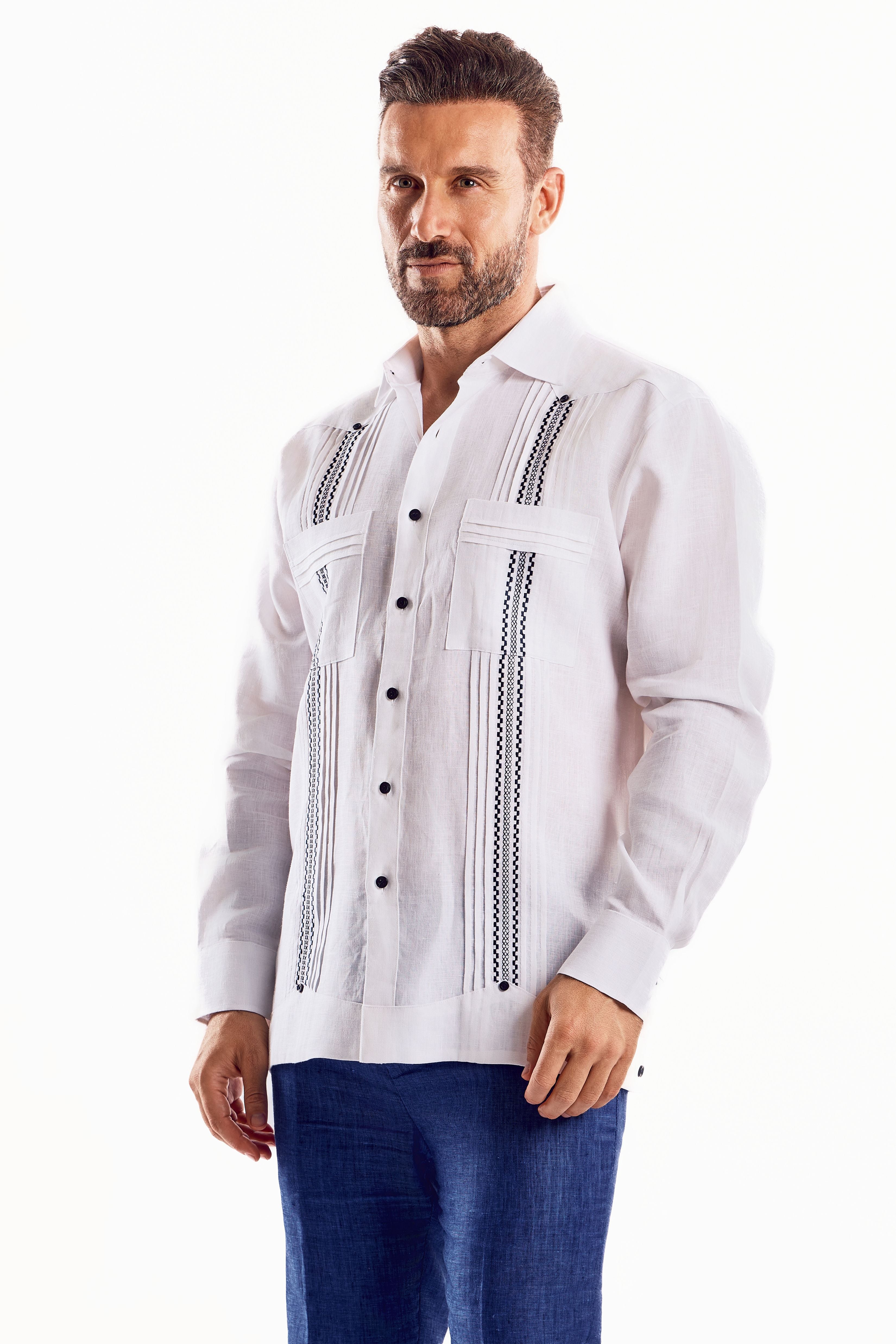 Mojito Men's Embroidery Trimmed Guayabera Shirt Chacabana 100% Linen Long Sleeve