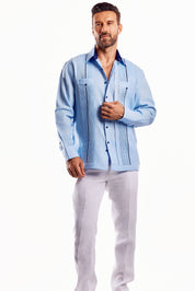 Mojito Men's Guayabera Shirt Chacabana with Contrast Trim 100% Linen Long Sleeve