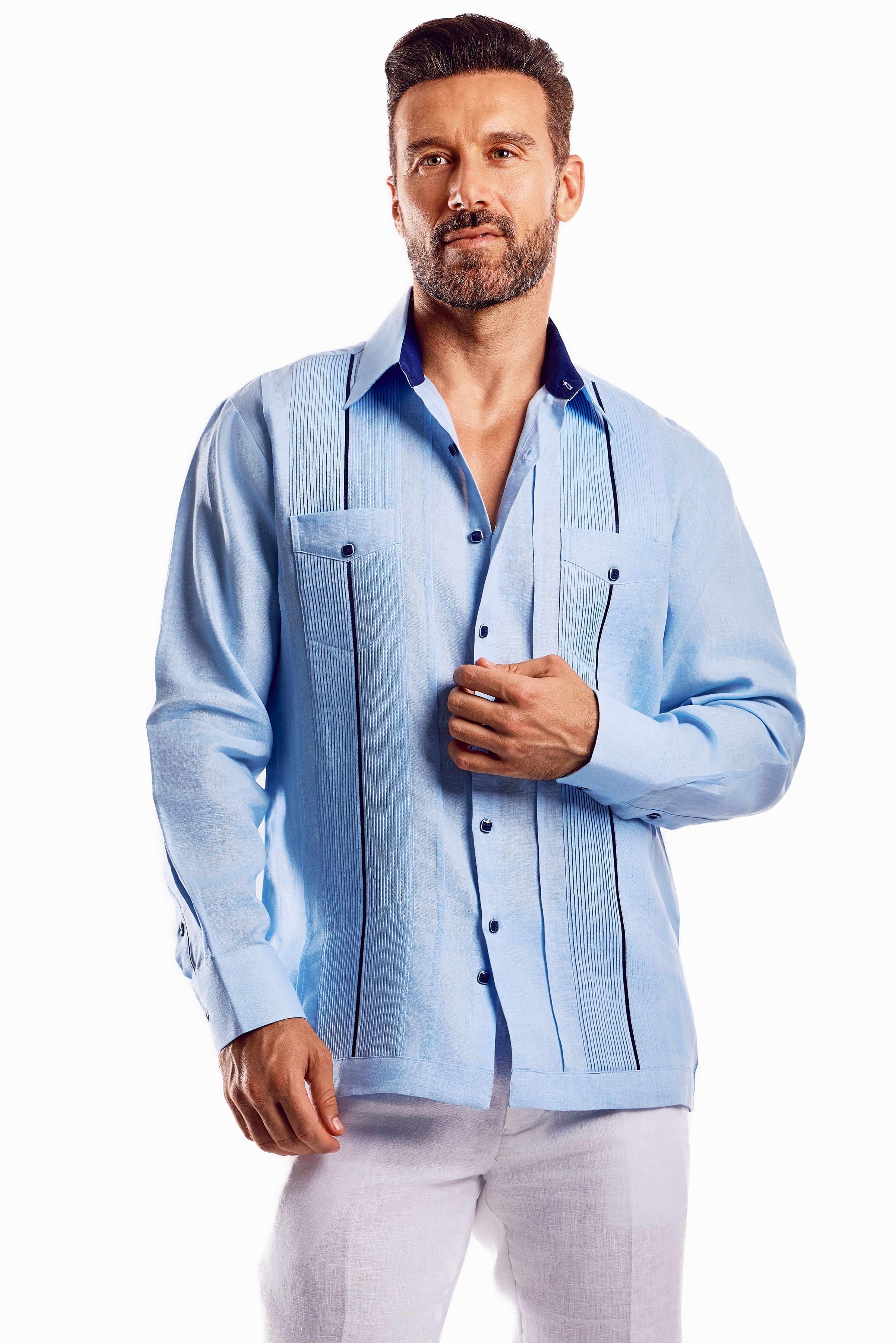 Mojito Men's Guayabera Shirt Chacabana with Contrast Trim 100% Linen Long Sleeve