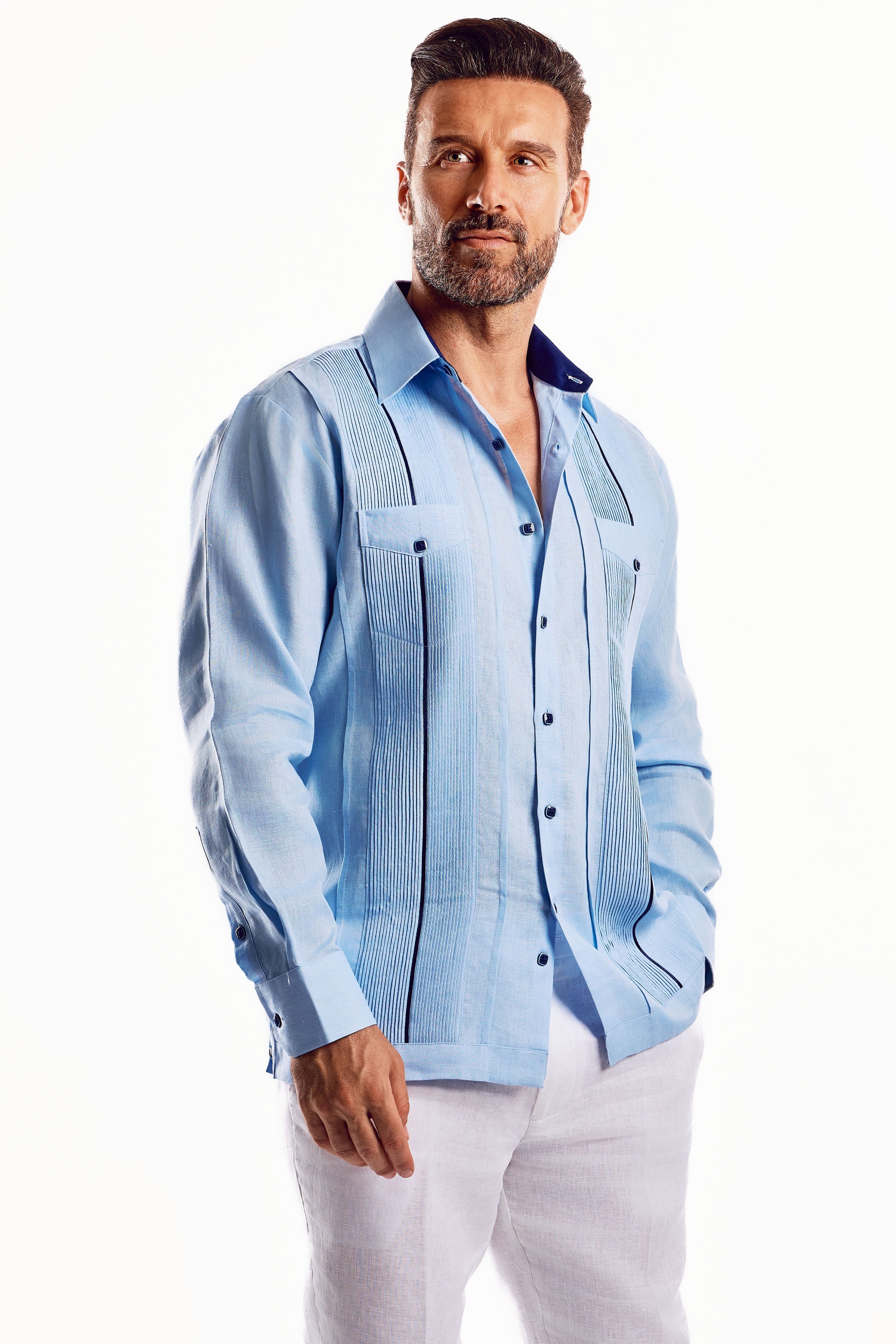 Mojito Men's Guayabera Shirt Chacabana with Contrast Trim 100% Linen Long Sleeve