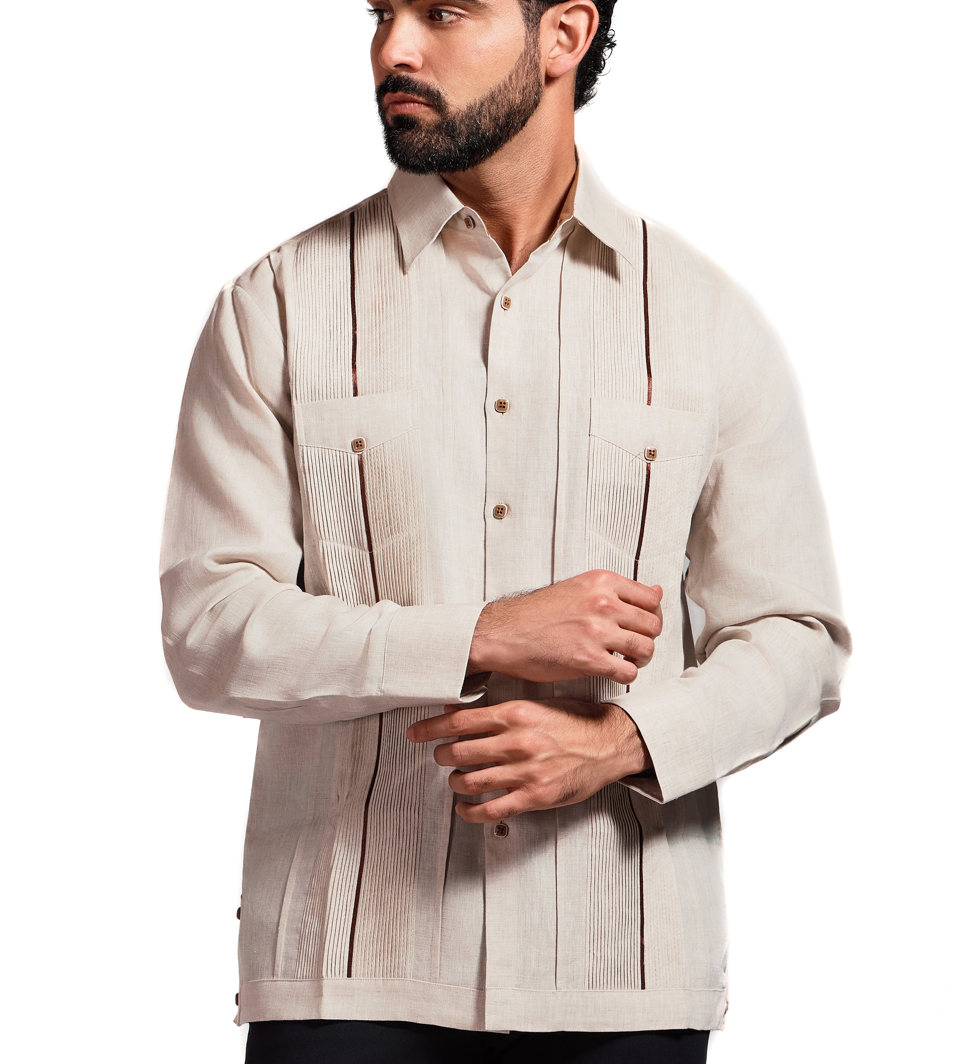 Mojito Men's Guayabera Shirt Chacabana with Contrast Trim 100% Linen Long Sleeve