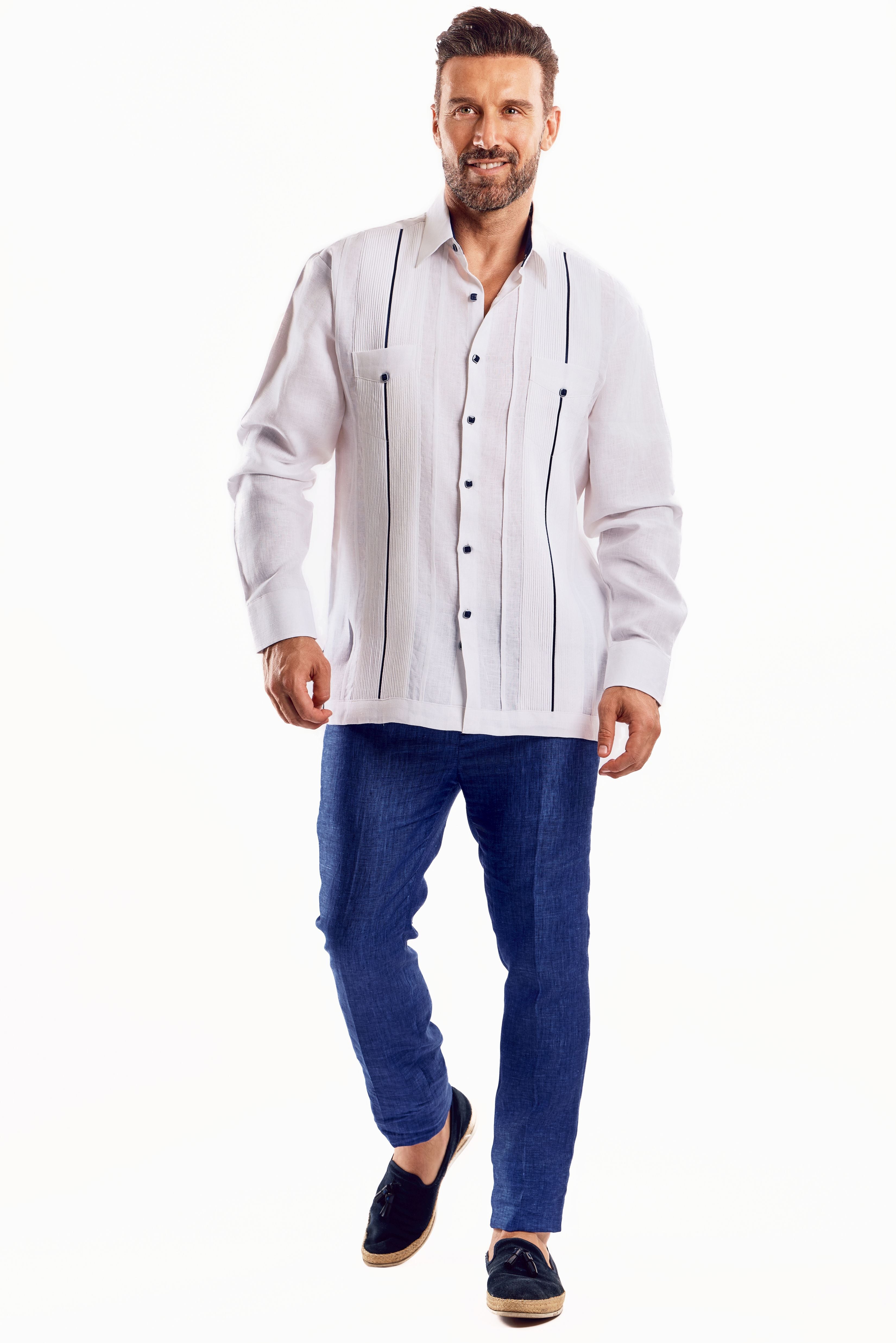 Mojito Men's Guayabera Shirt Chacabana with Contrast Trim 100% Linen Long Sleeve