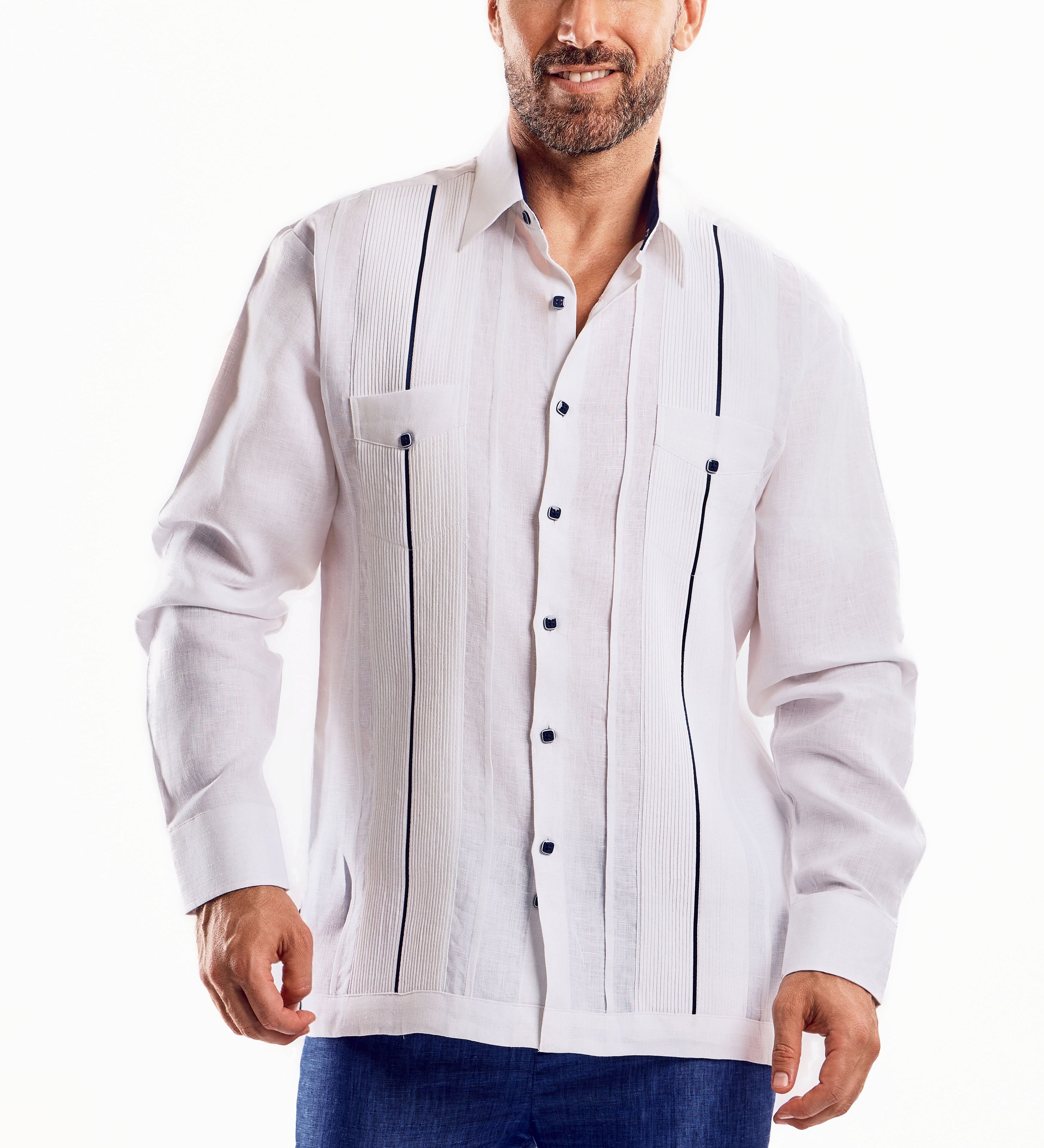 Mojito Men's Guayabera Shirt Chacabana with Contrast Trim 100% Linen Long Sleeve