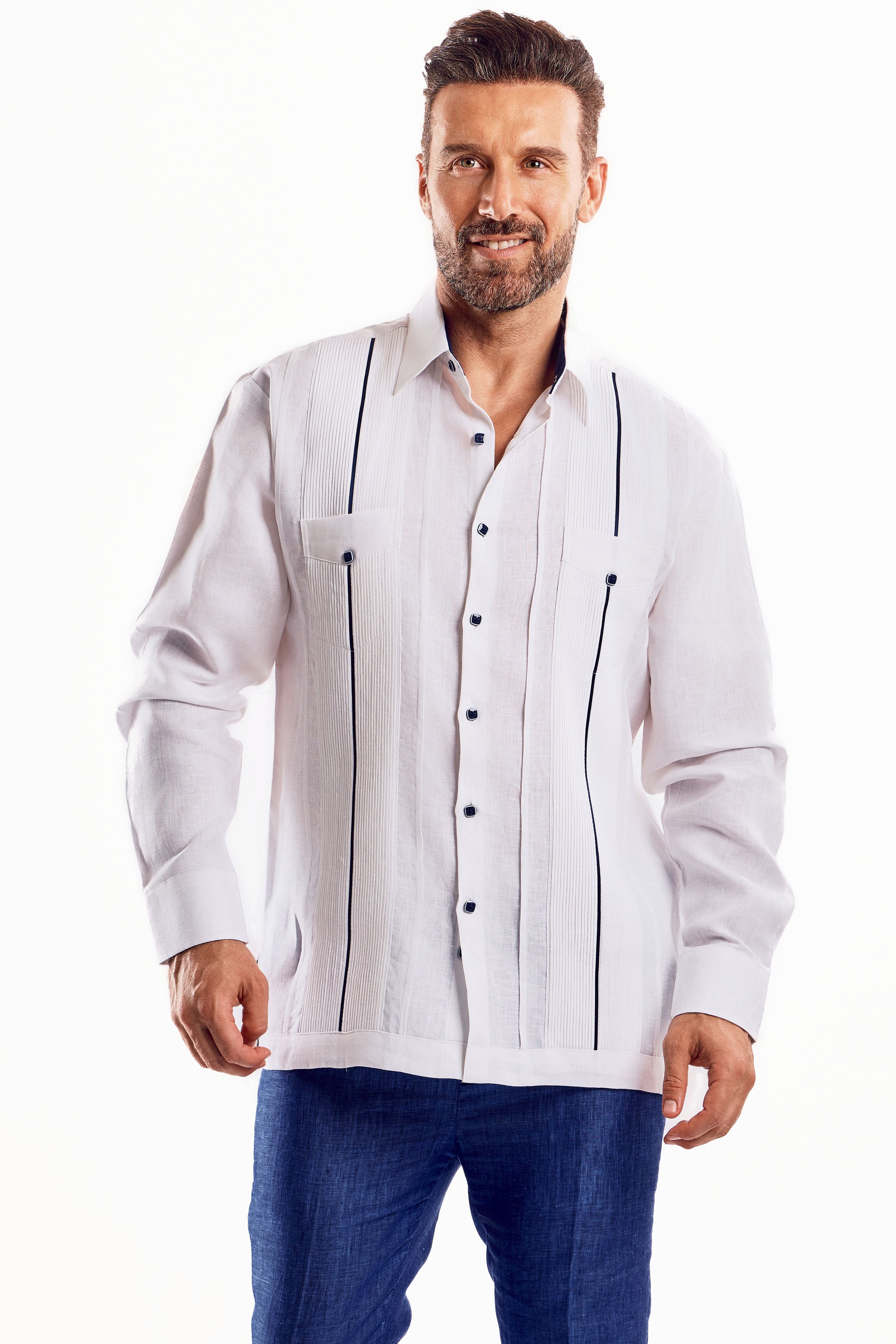 Mojito Men's Guayabera Shirt Chacabana with Contrast Trim 100% Linen Long Sleeve