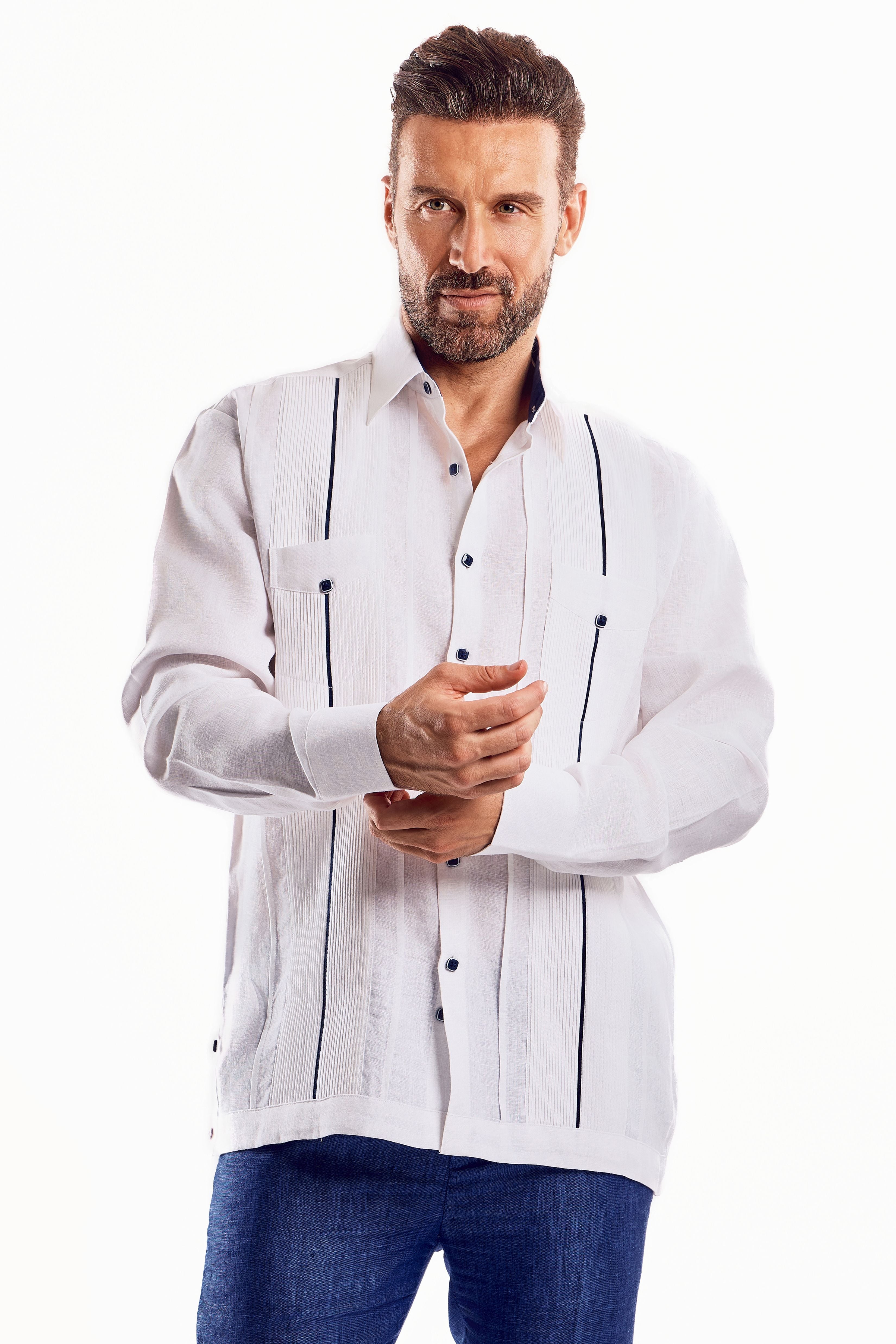 Mojito Men's Guayabera Shirt Chacabana with Contrast Trim 100% Linen Long Sleeve