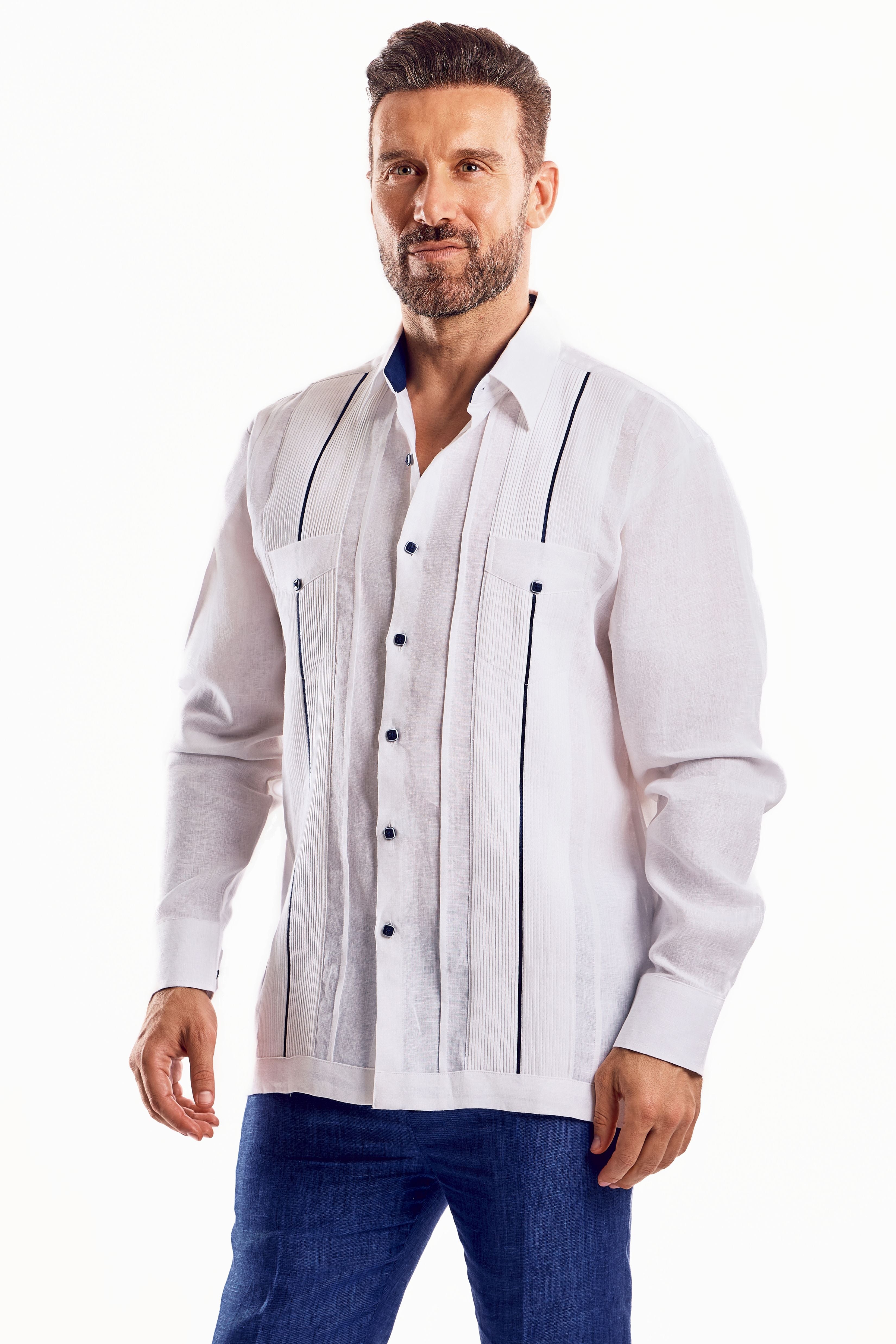 Mojito Men's Guayabera Shirt Chacabana with Contrast Trim 100% Linen Long Sleeve