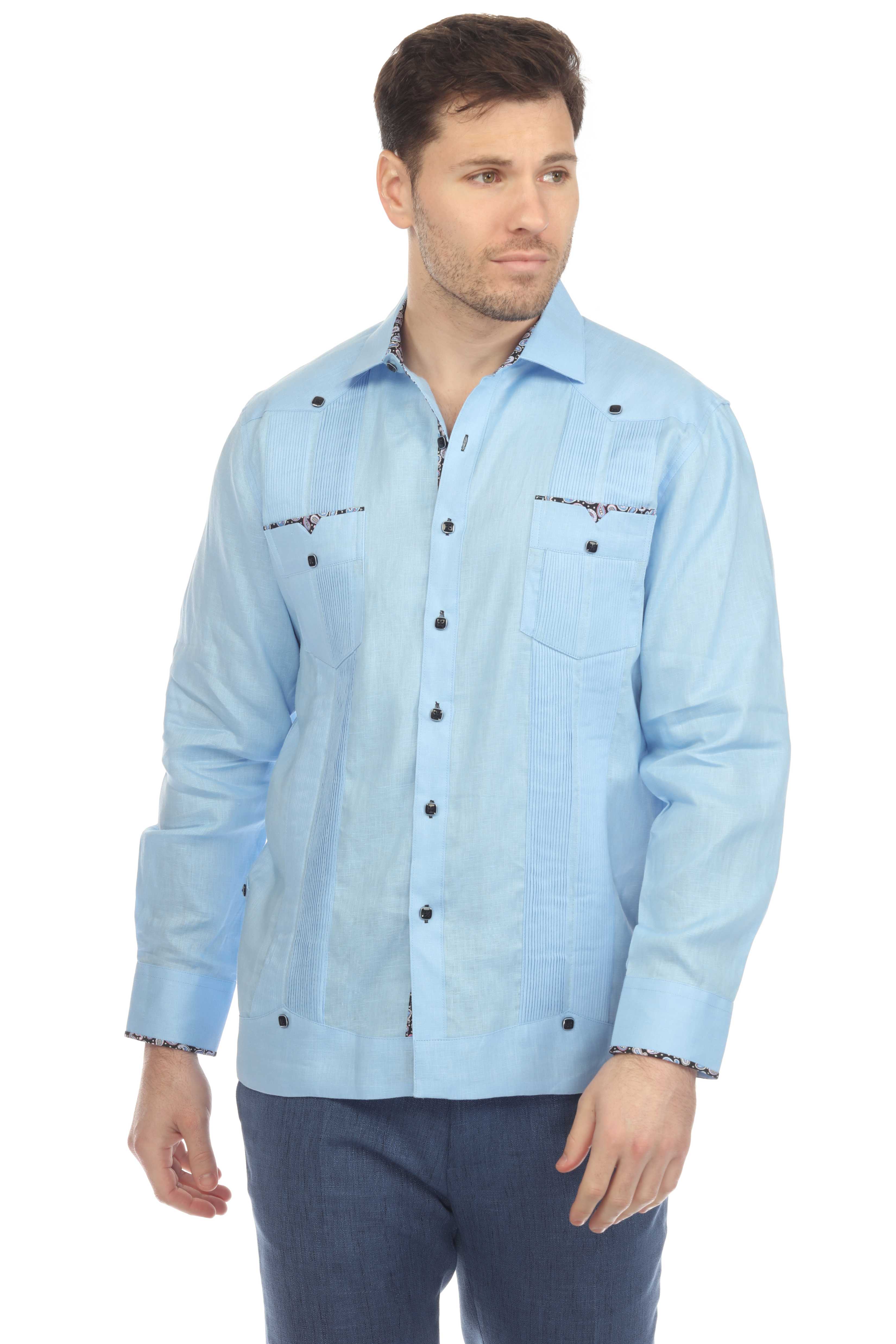 Men's 100% Linen Guayabera Chacabana Shirt Long Sleeve with Contrast Accent Trim