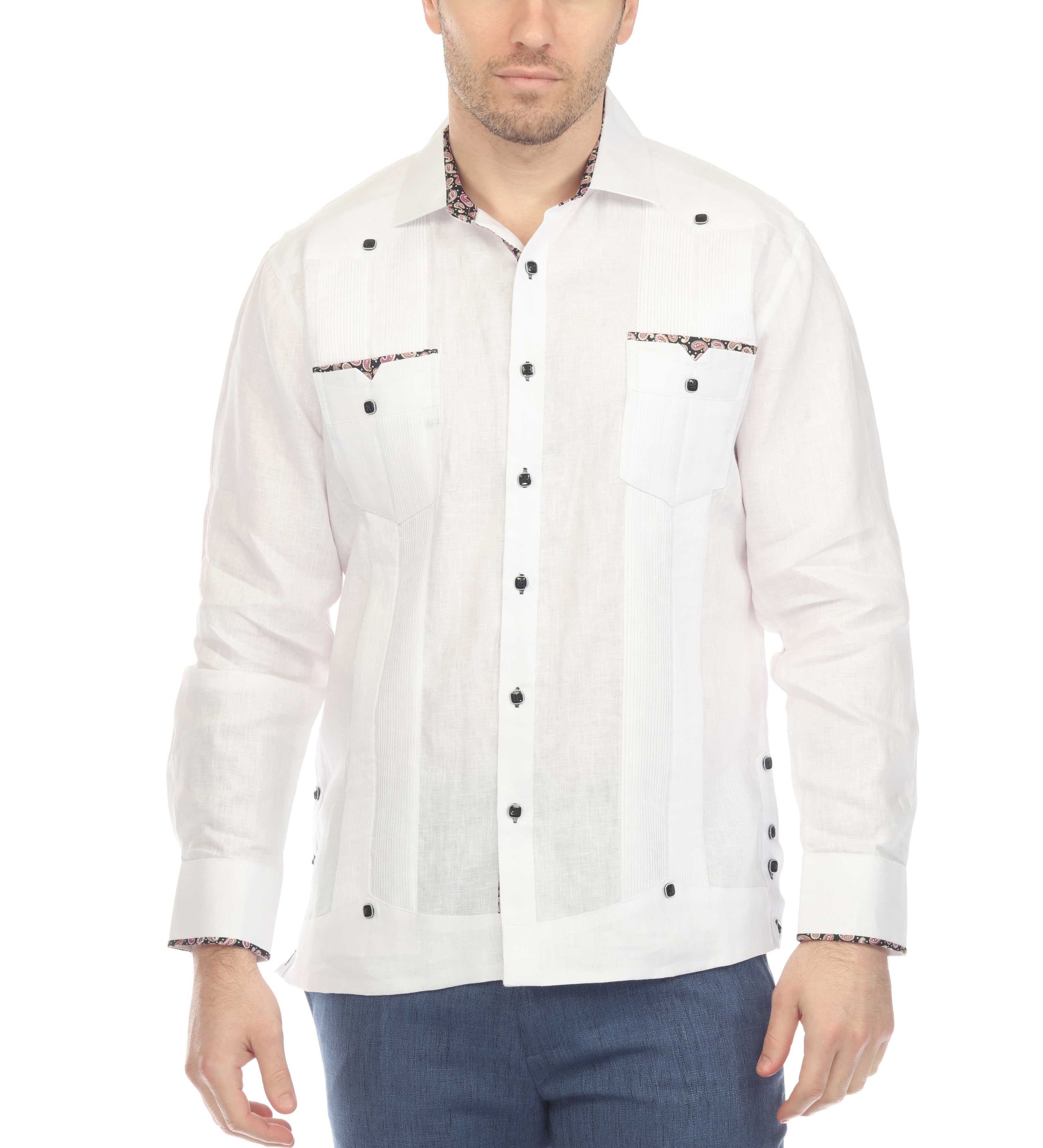 Men's 100% Linen Guayabera Chacabana Shirt Long Sleeve with Contrast Accent Trim