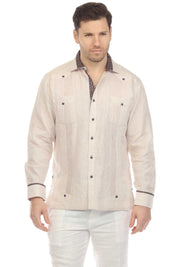 Men's 100% Linen Guayabera Chacabana Shirt Long Sleeve with Contrast Accent Trim