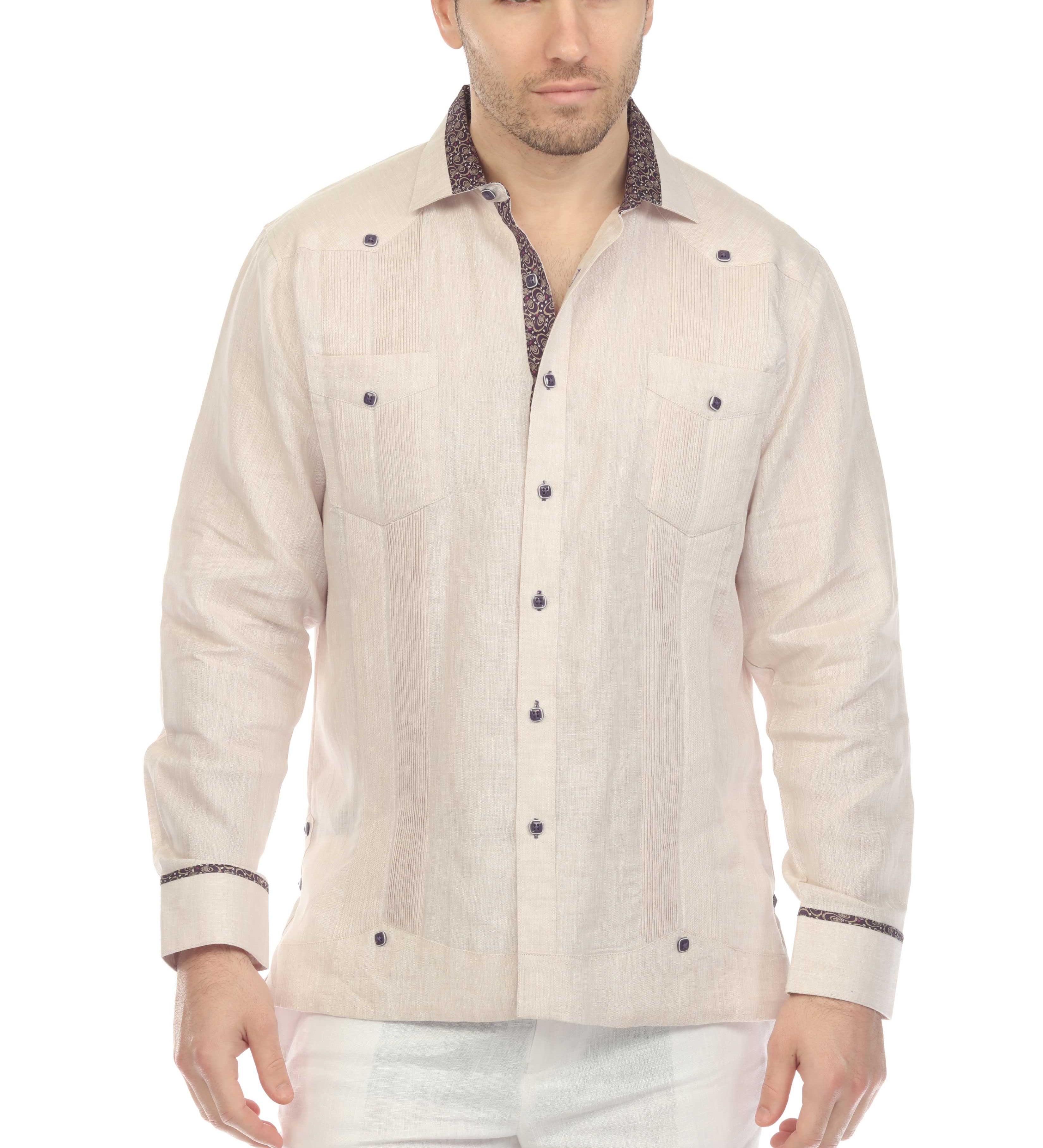 Men's 100% Linen Guayabera Chacabana Shirt Long Sleeve with Contrast Accent Trim