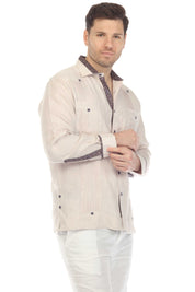 Men's 100% Linen Guayabera Chacabana Shirt Long Sleeve with Contrast Accent Trim