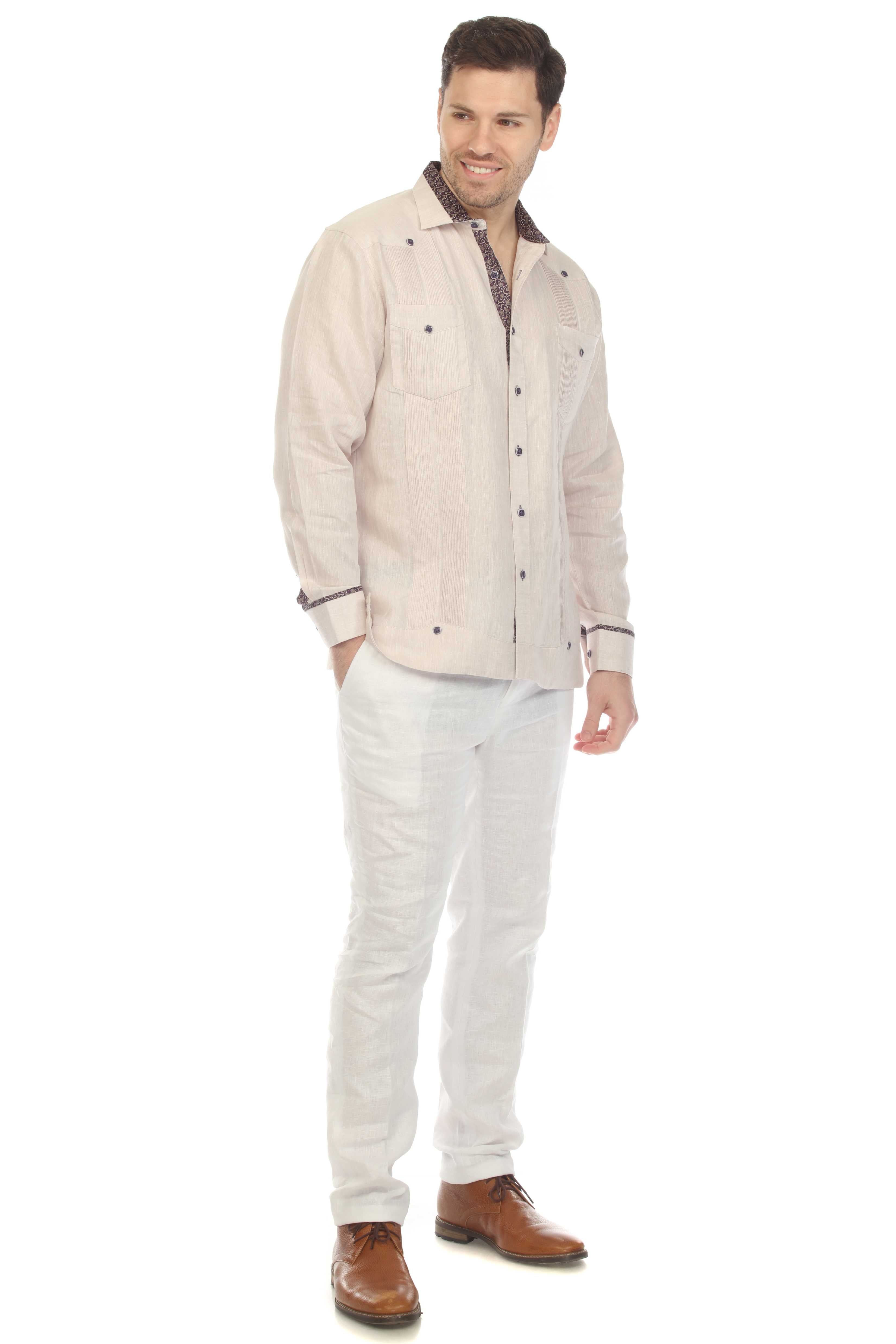 Men's 100% Linen Guayabera Chacabana Shirt Long Sleeve with Contrast Accent Trim