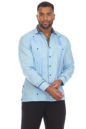 Men's 100% Linen Guayabera Chacabana Shirt Long Sleeve with Contrast Accent Trim