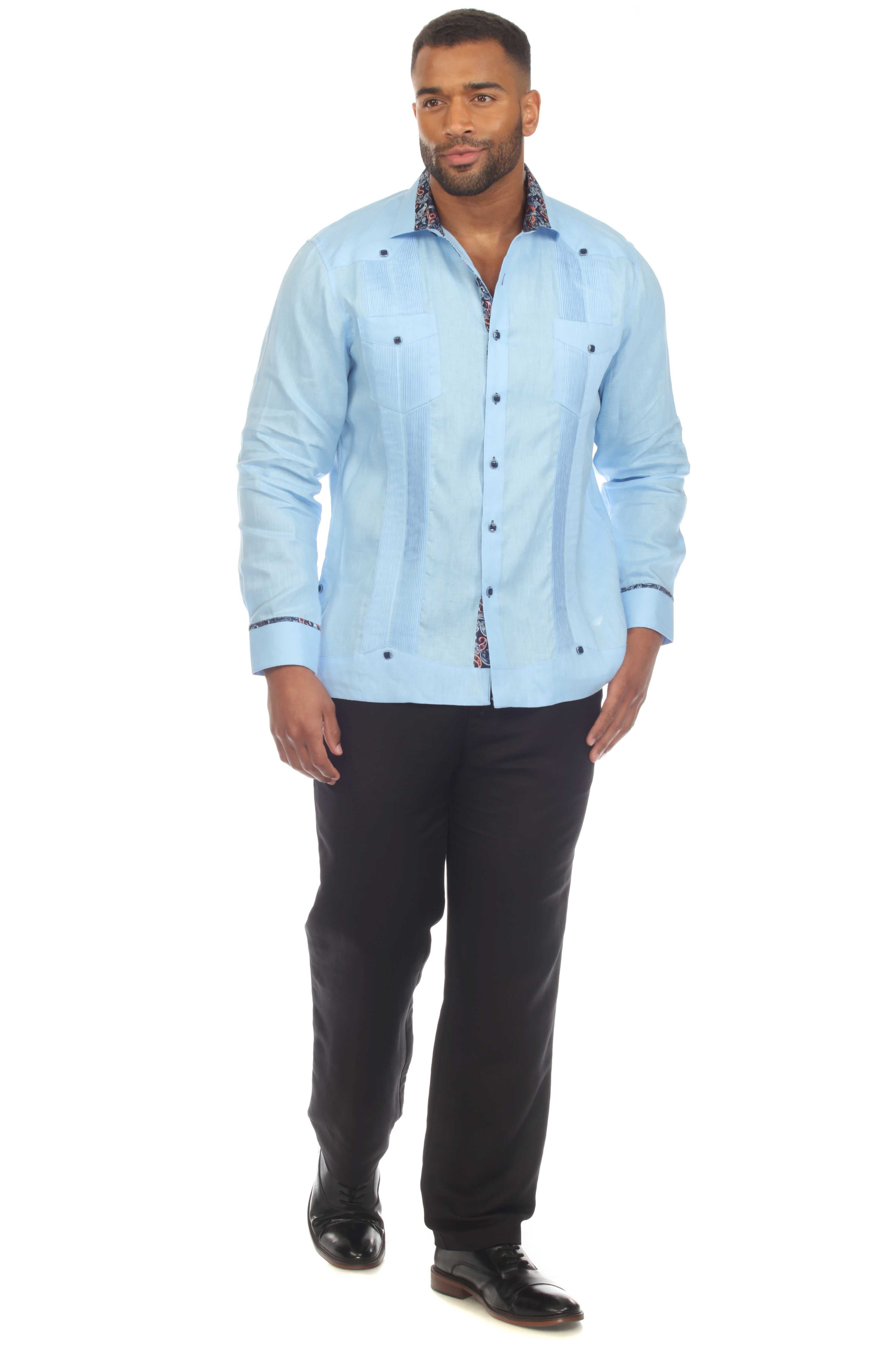 Men's 100% Linen Guayabera Chacabana Shirt Long Sleeve with Contrast Accent Trim