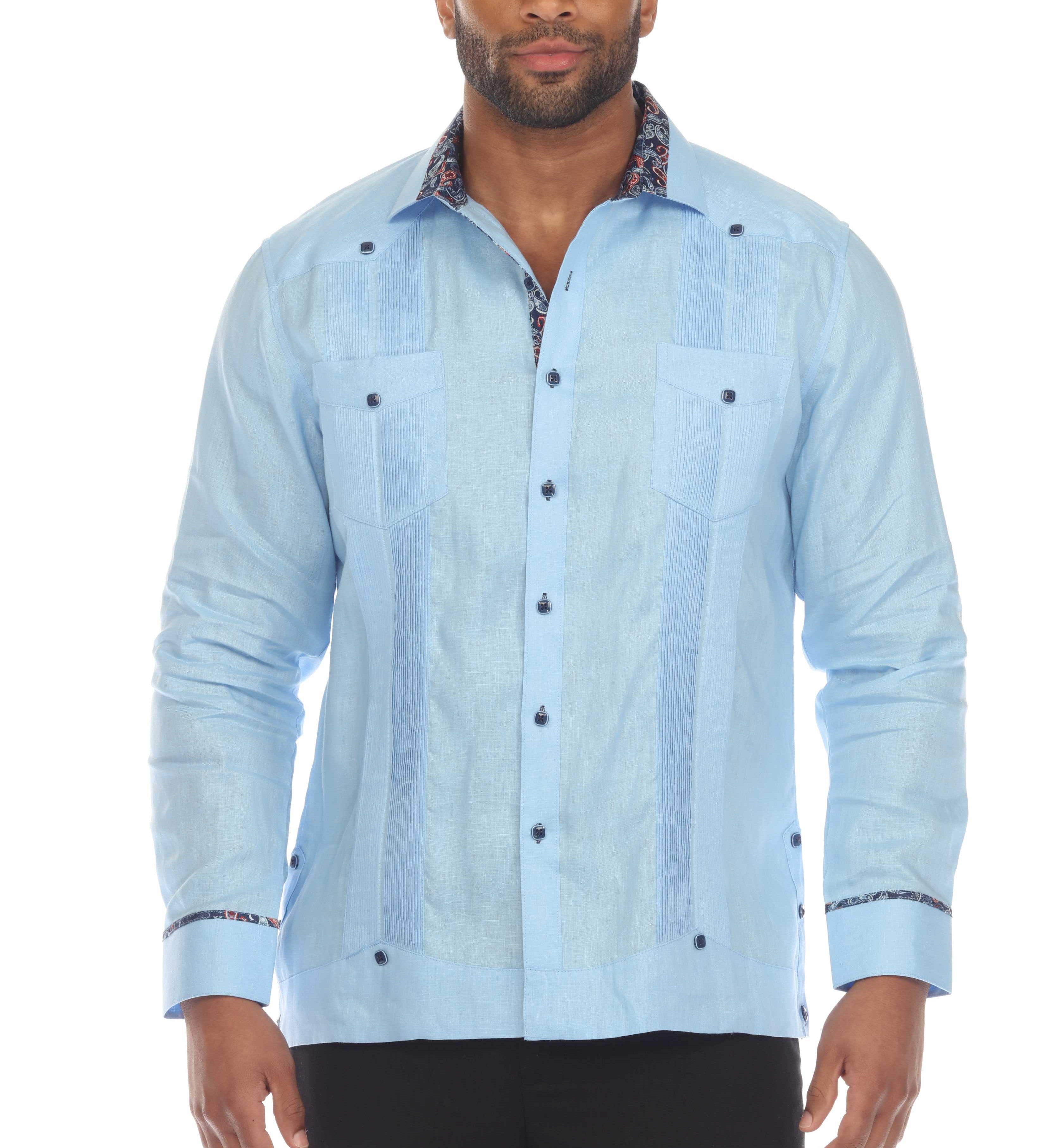 Men's 100% Linen Guayabera Chacabana Shirt Long Sleeve with Contrast Accent Trim