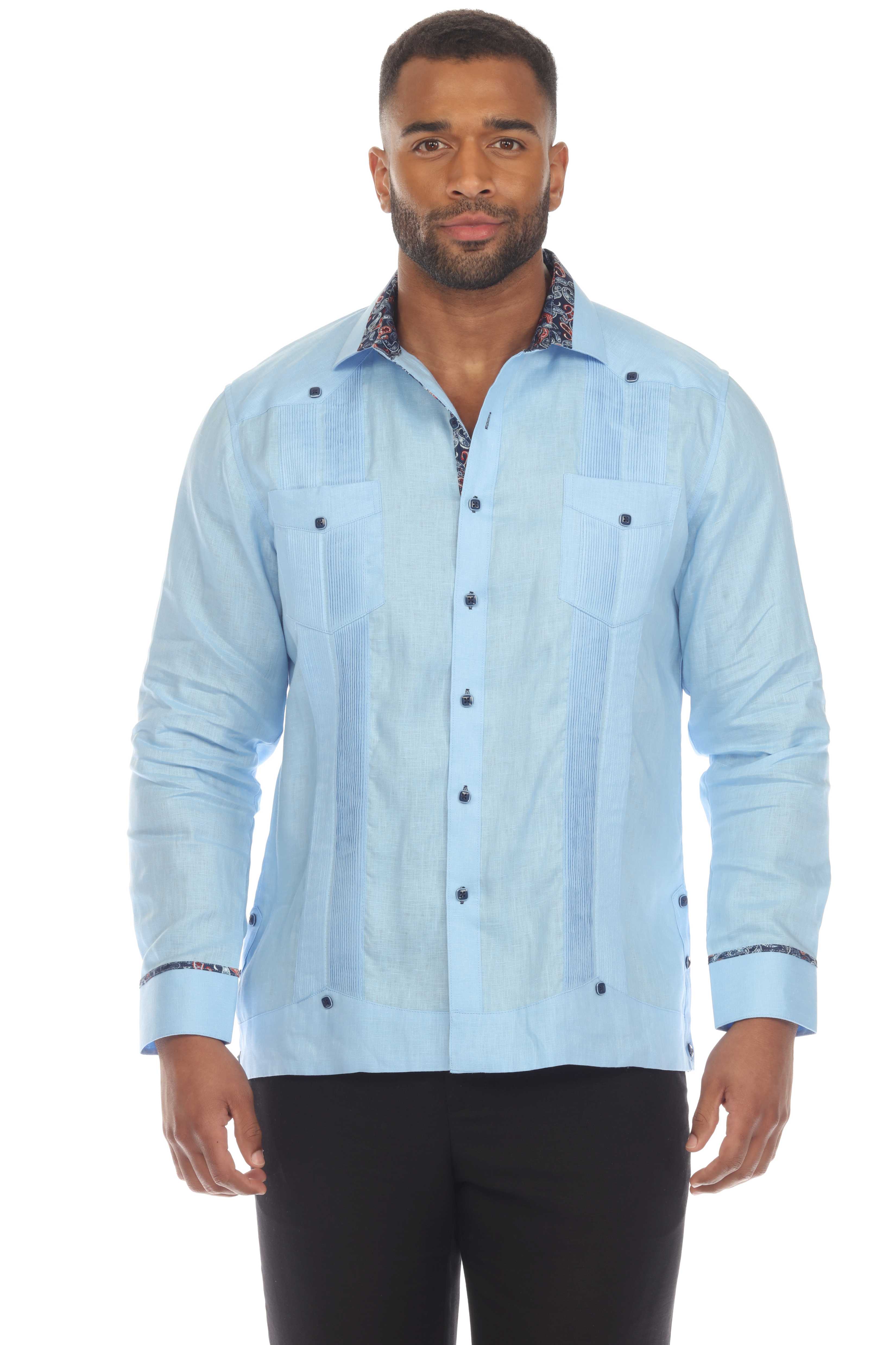 Men's 100% Linen Guayabera Chacabana Shirt Long Sleeve with Contrast Accent Trim