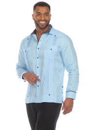 Men's 100% Linen Guayabera Chacabana Shirt Long Sleeve with Contrast Accent Trim