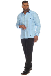 Men's 100% Linen Guayabera Chacabana Shirt Long Sleeve with Contrast Accent Trim