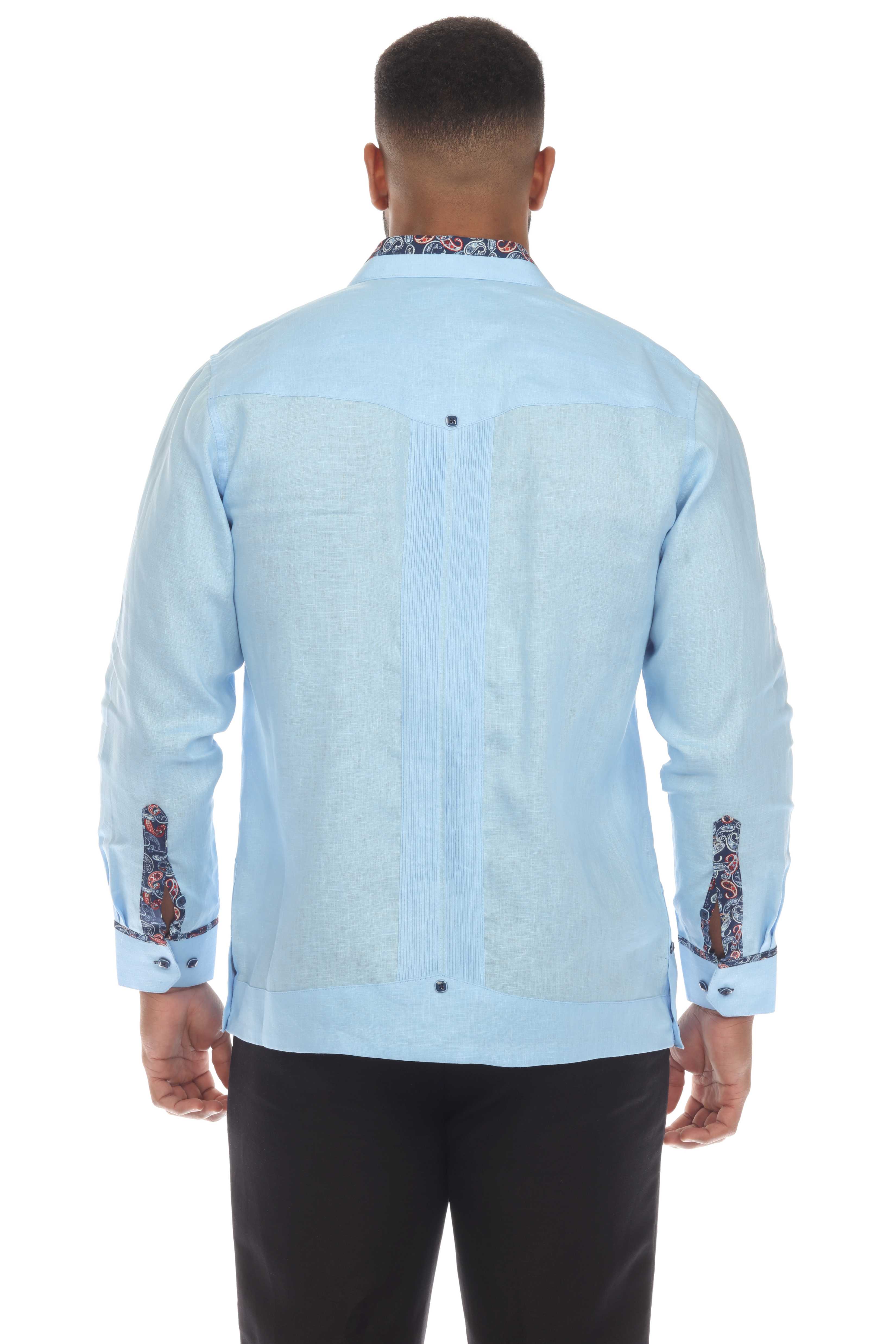 Men's 100% Linen Guayabera Chacabana Shirt Long Sleeve with Contrast Accent Trim