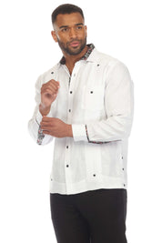 Men's 100% Linen Guayabera Chacabana Shirt Long Sleeve with Contrast Accent Trim