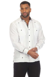 Men's 100% Linen Guayabera Chacabana Shirt Long Sleeve with Contrast Accent Trim