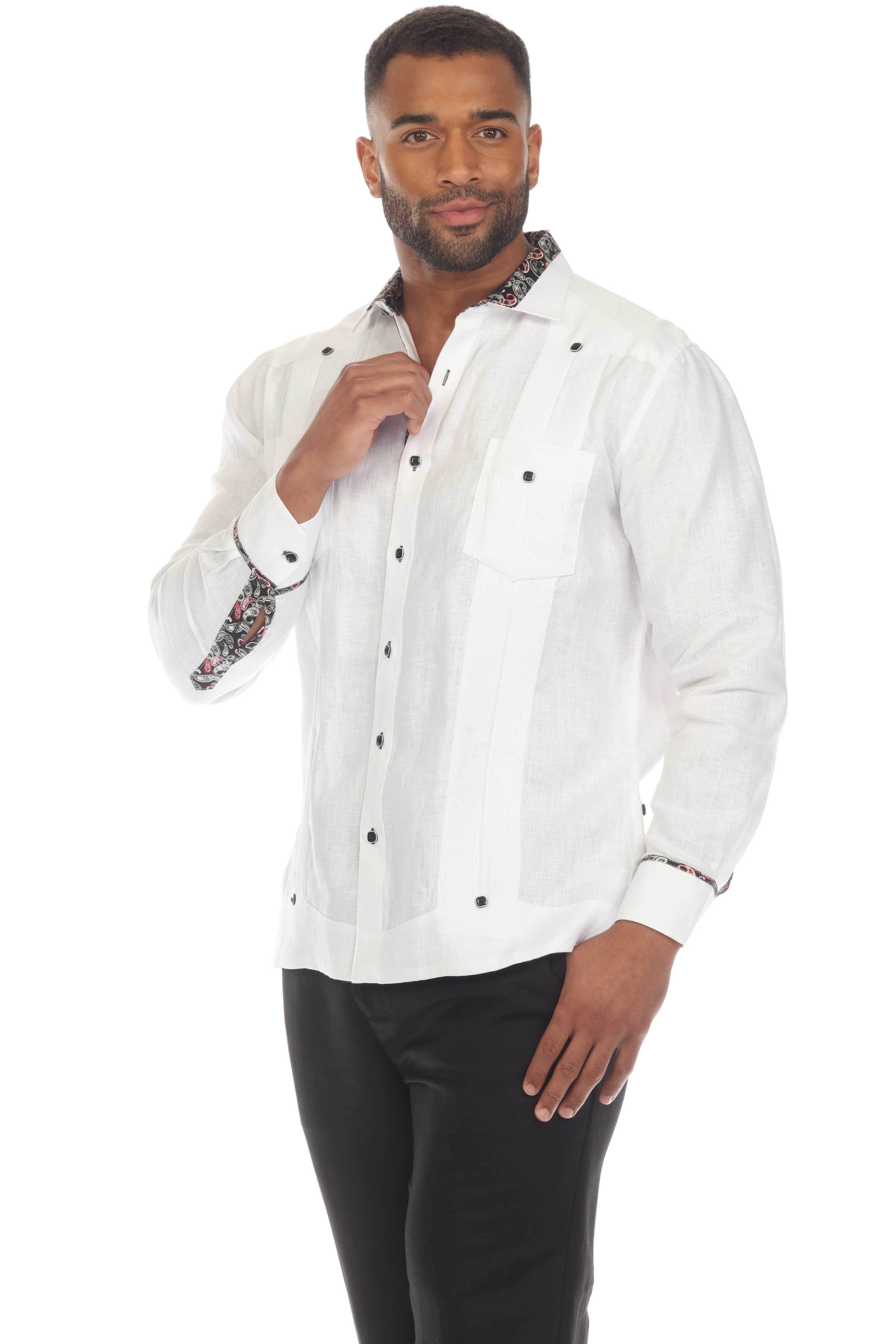 Men's 100% Linen Guayabera Chacabana Shirt Long Sleeve with Contrast Accent Trim