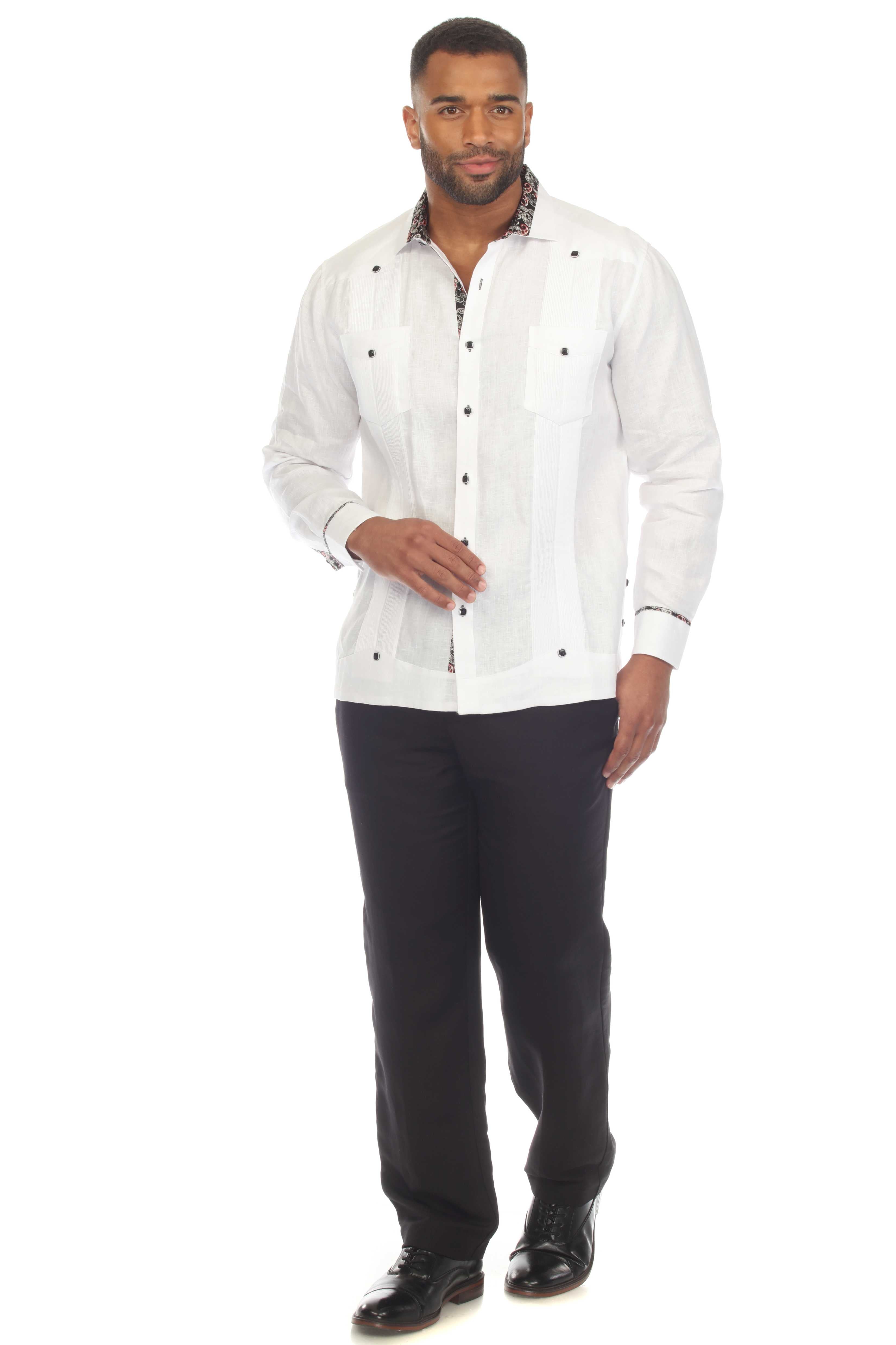 Men's 100% Linen Guayabera Chacabana Shirt Long Sleeve with Contrast Accent Trim