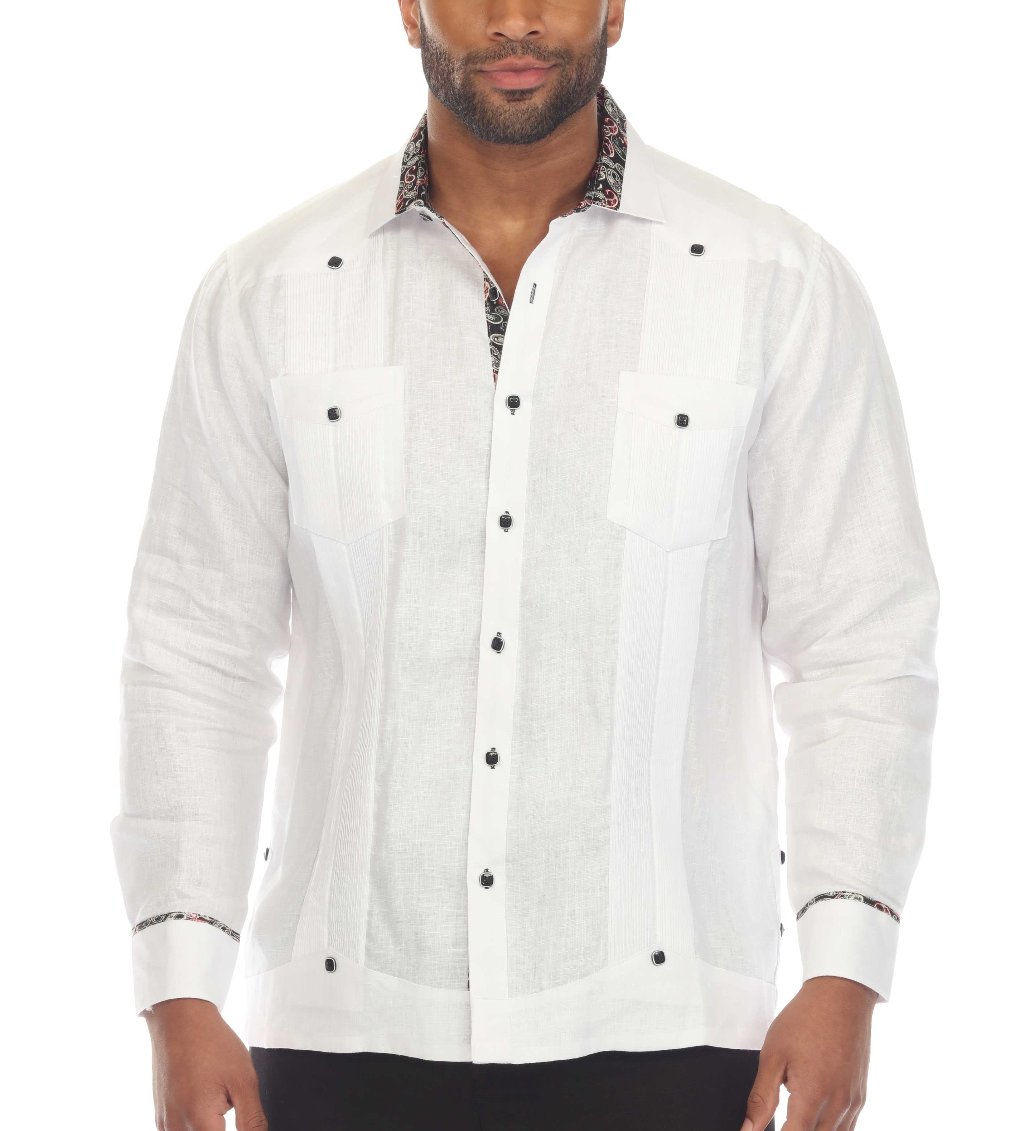 Men's 100% Linen Guayabera Chacabana Shirt Long Sleeve with Contrast Accent Trim