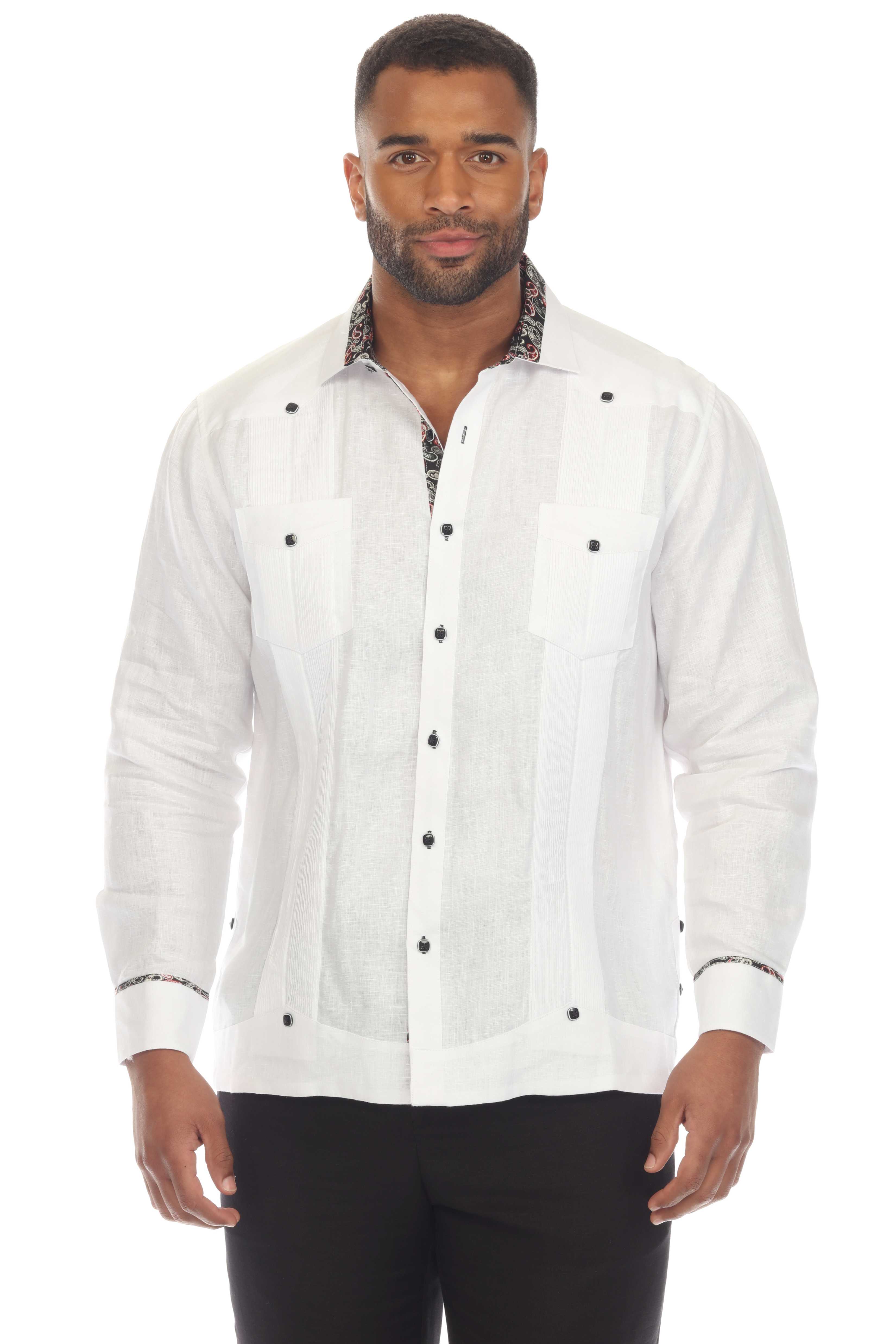 Men's 100% Linen Guayabera Chacabana Shirt Long Sleeve with Contrast Accent Trim