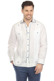 Mojito Men's 100% Linen Guayabera Chacabana Shirt Long Sleeve with Contrast Accent Trim