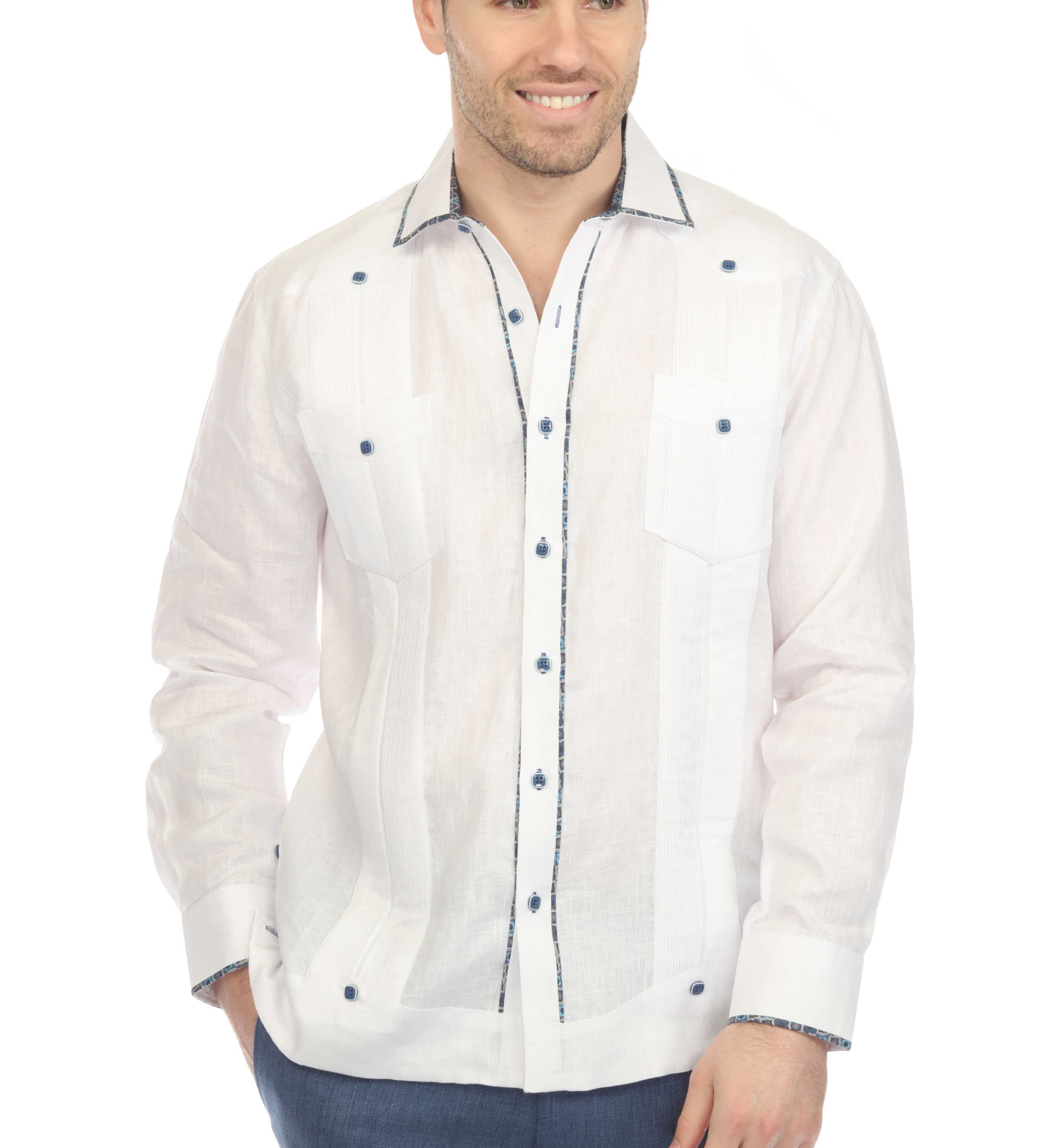 Mojito Men's 100% Linen Guayabera Chacabana Shirt Long Sleeve with Contrast Accent Trim