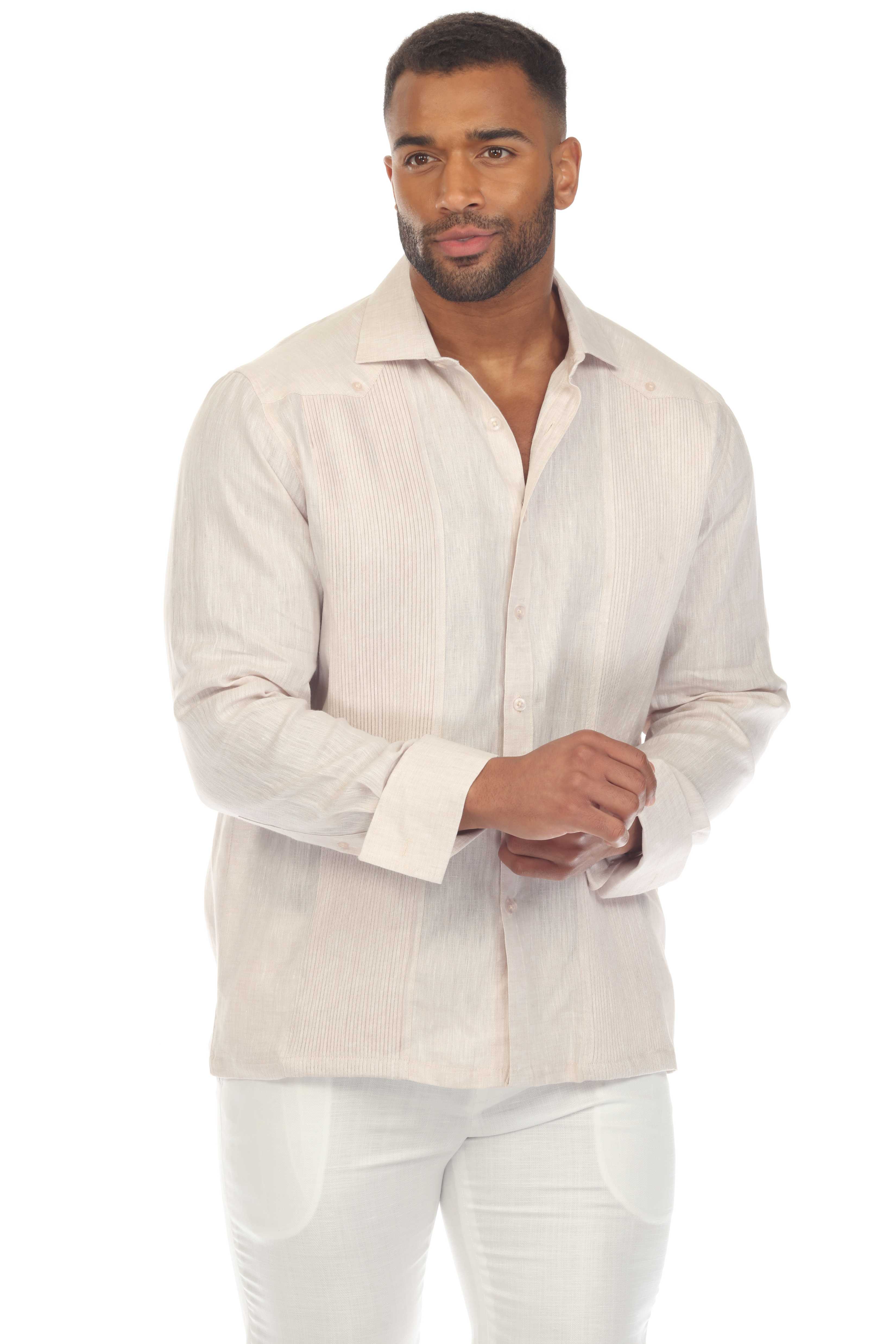 Mojito Men's 100% Linen Guayabera Chacabana Shirt with French Cuff Long Sleeve