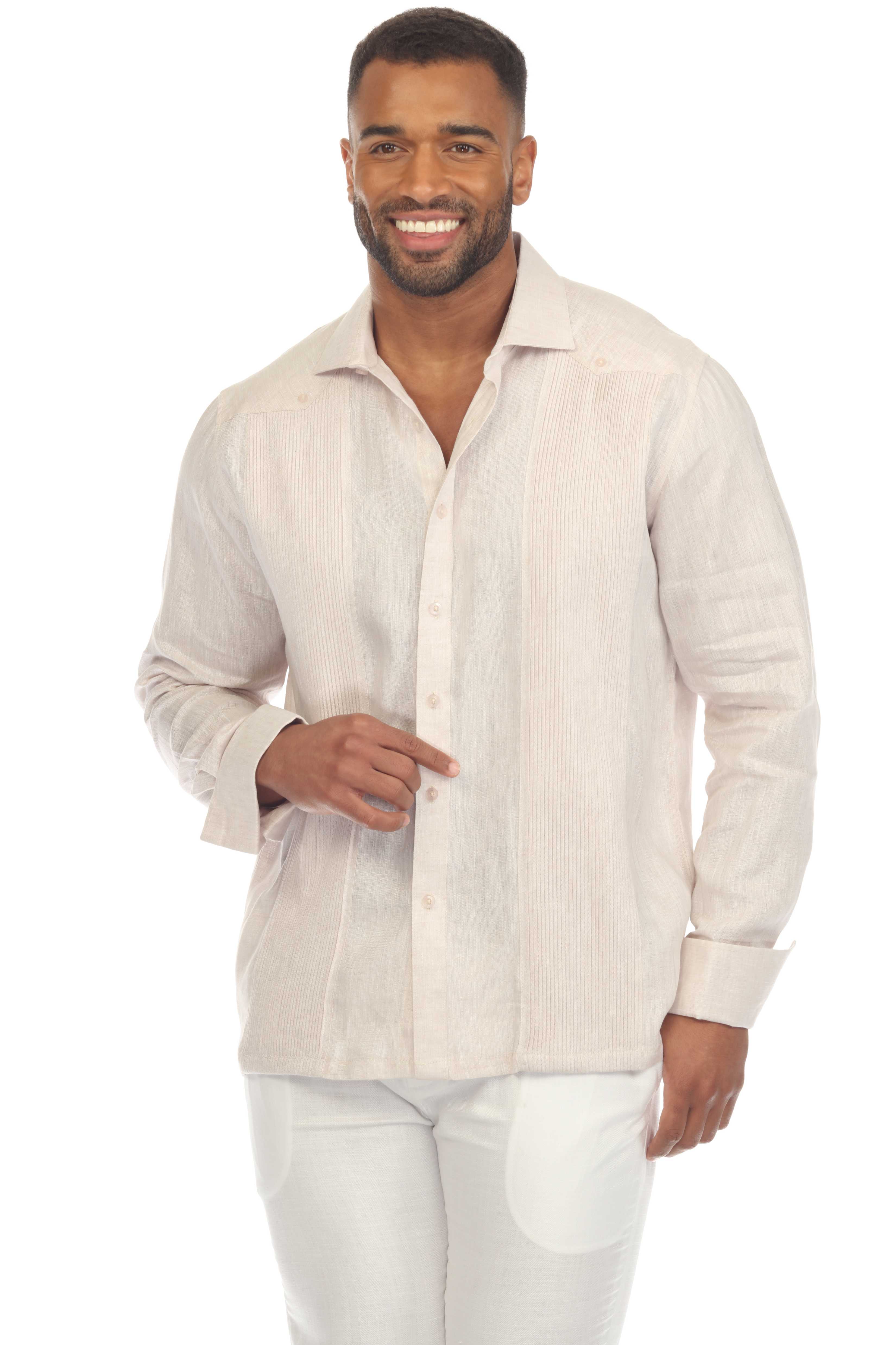 Mojito Men's 100% Linen Guayabera Chacabana Shirt with French Cuff Long Sleeve