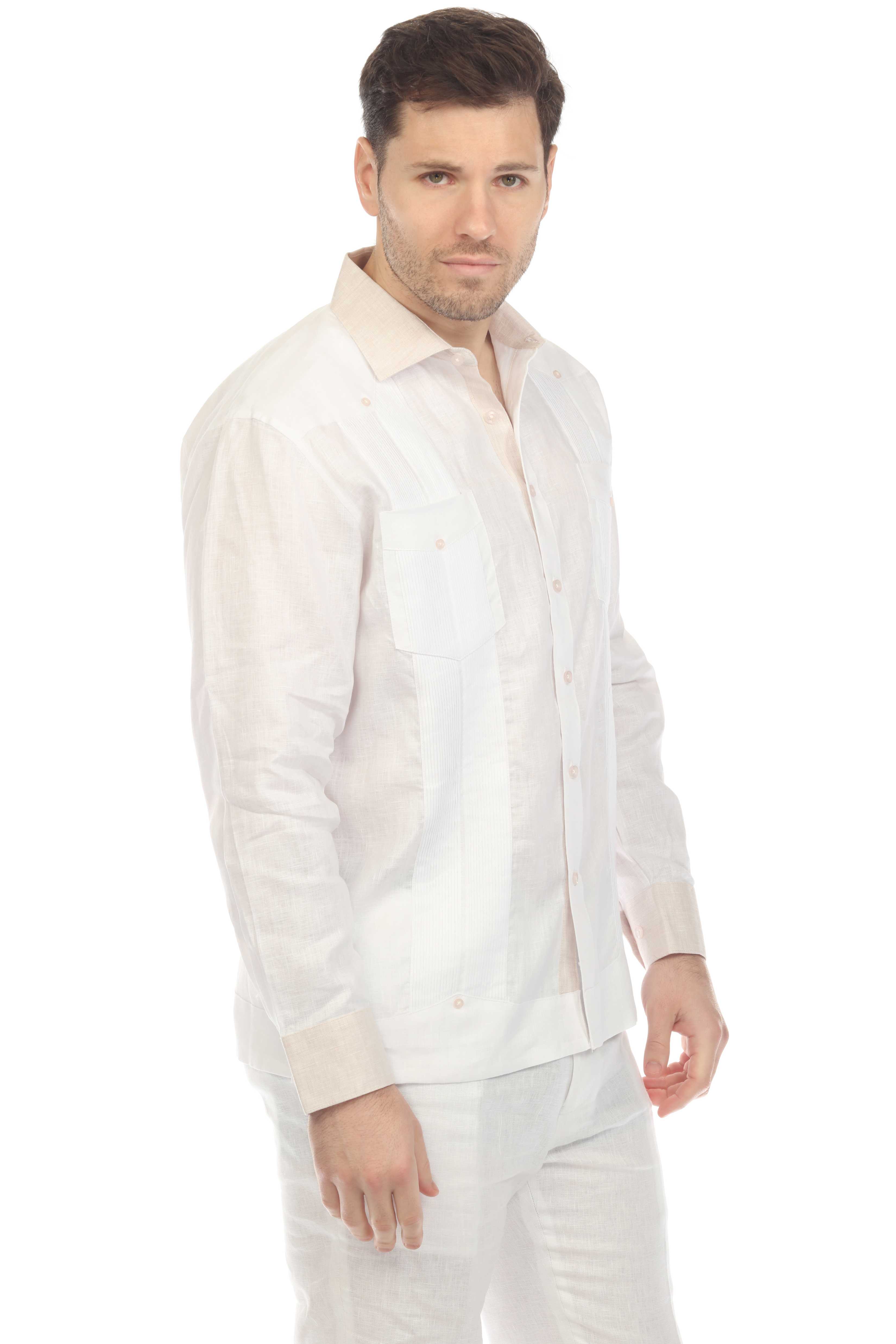 Mojito Men's 100% Linen Guayabera Chacabana Shirt Long Sleeve with Natural Contrast Color