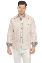 Mojito Men's 100% Linen Guayabera Chacabana Shirt Long Sleeve with Contrast Trim Accent