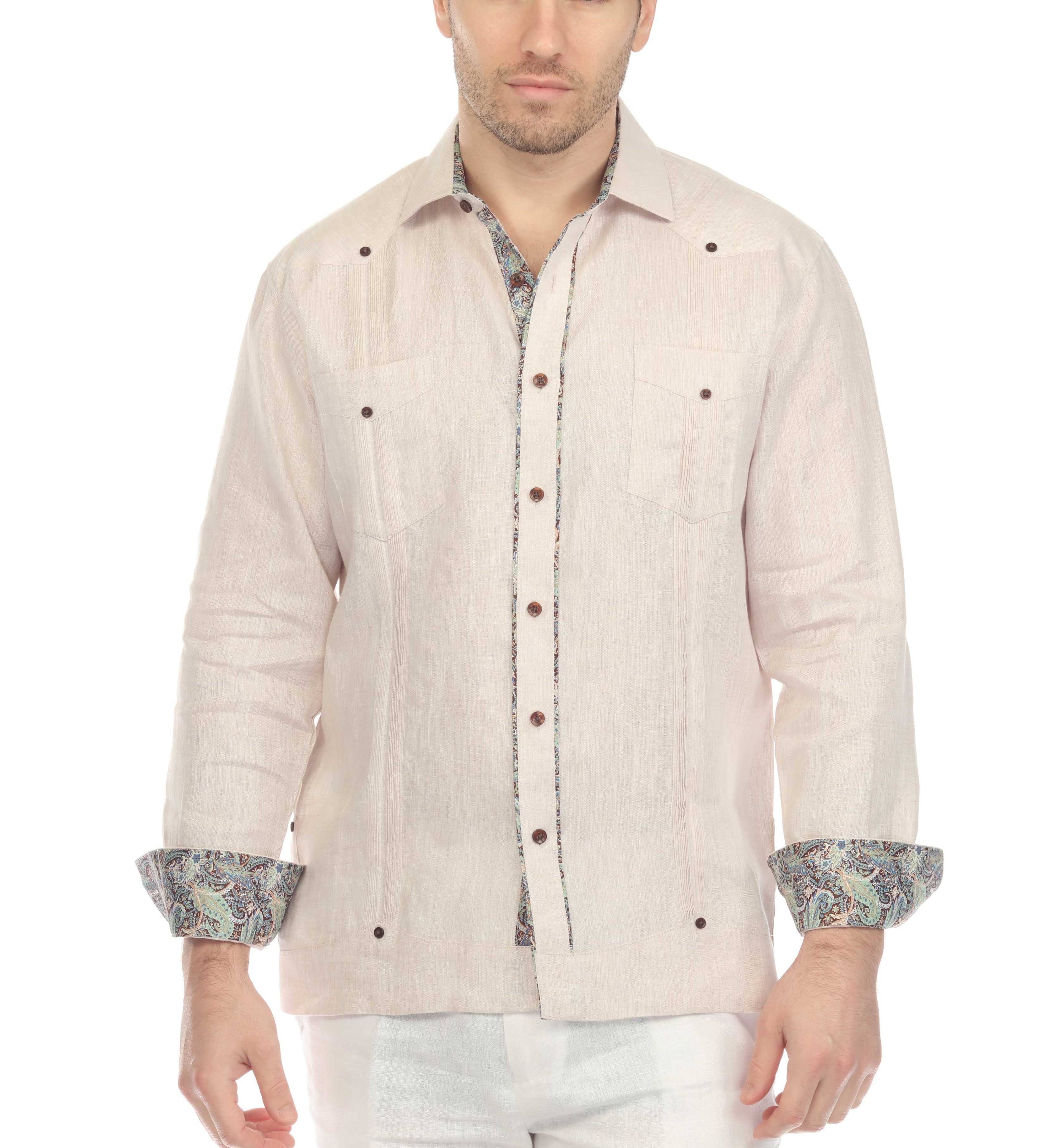 Mojito Men's 100% Linen Guayabera Chacabana Shirt Long Sleeve with Contrast Trim Accent