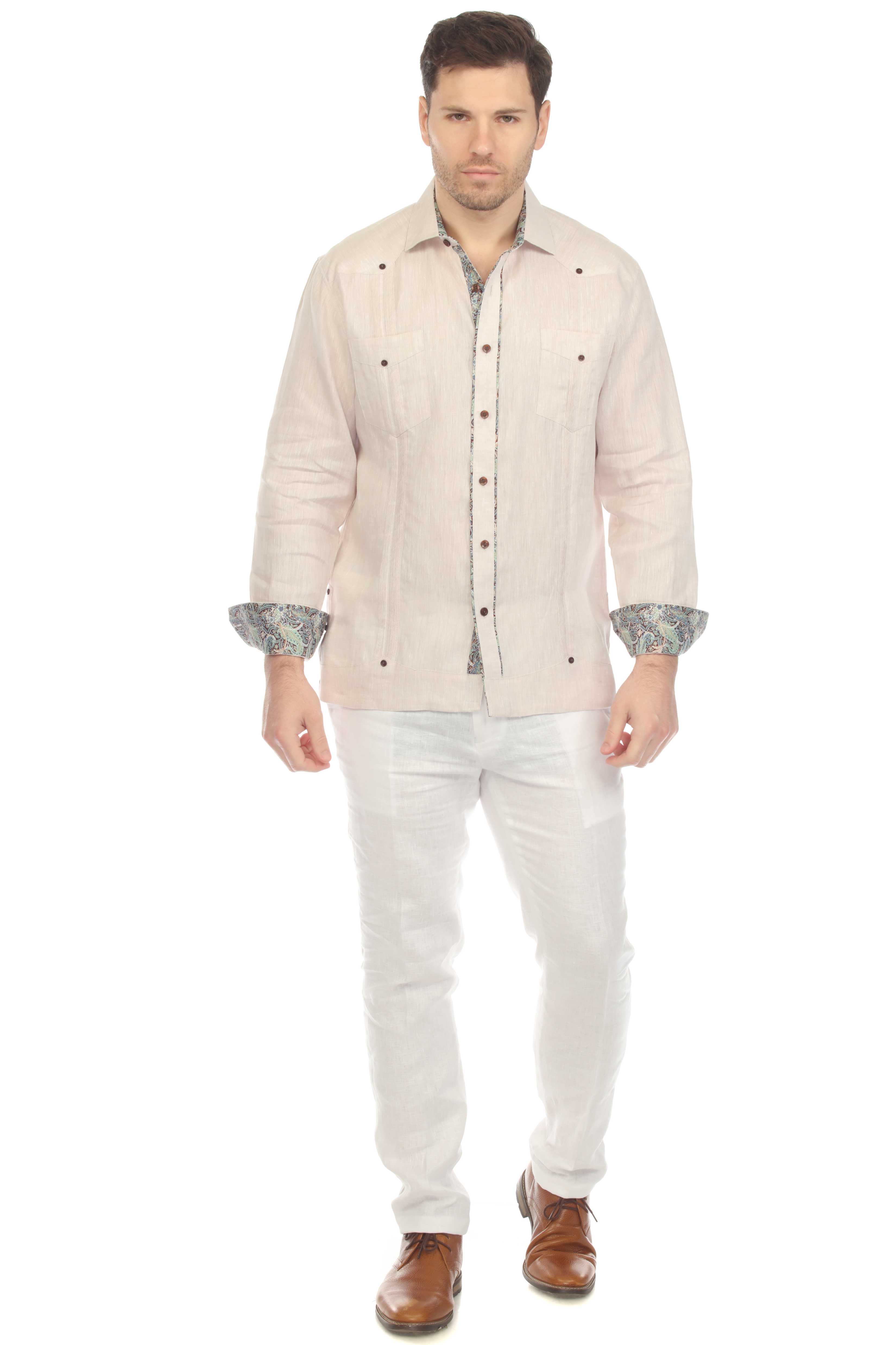 Mojito Men's 100% Linen Guayabera Chacabana Shirt Long Sleeve with Contrast Trim Accent