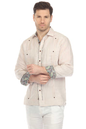 Mojito Men's 100% Linen Guayabera Chacabana Shirt Long Sleeve with Contrast Trim Accent