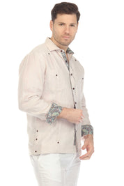 Mojito Men's 100% Linen Guayabera Chacabana Shirt Long Sleeve with Contrast Trim Accent