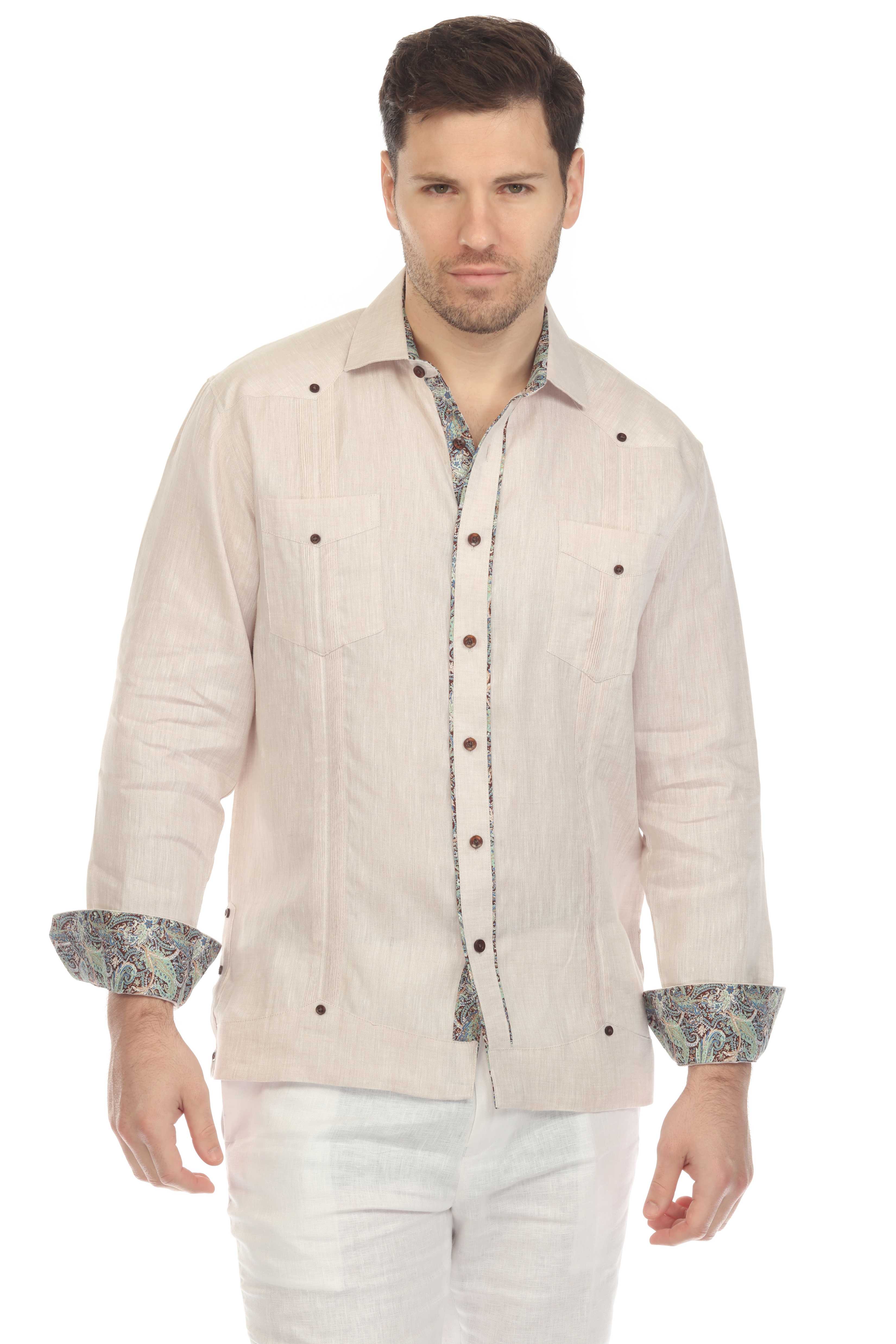 Mojito Men's 100% Linen Guayabera Chacabana Shirt Long Sleeve with Contrast Trim Accent