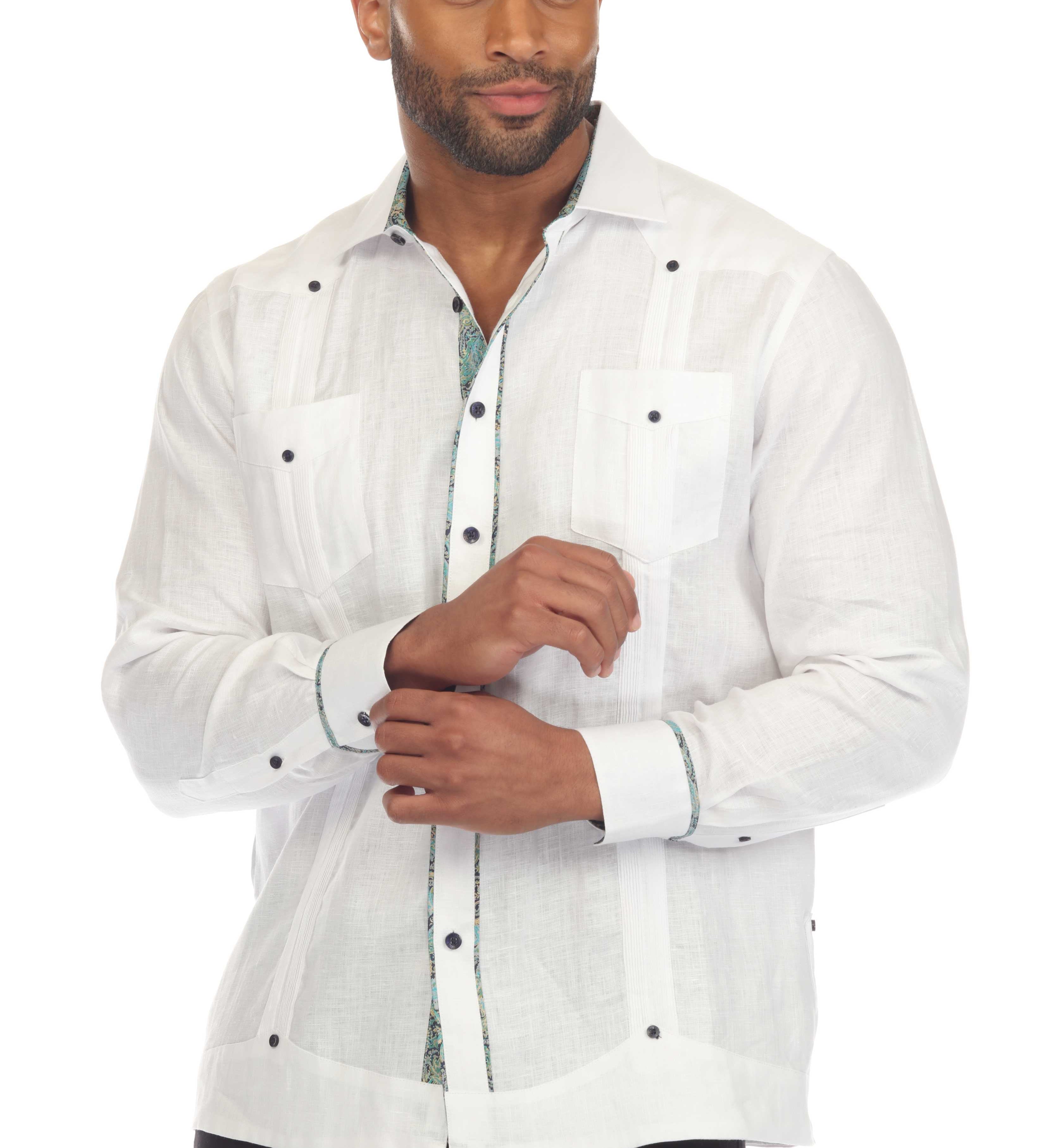 Mojito Men's 100% Linen Guayabera Chacabana Shirt Long Sleeve with Contrast Trim Accent