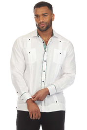 Mojito Men's 100% Linen Guayabera Chacabana Shirt Long Sleeve with Contrast Trim Accent