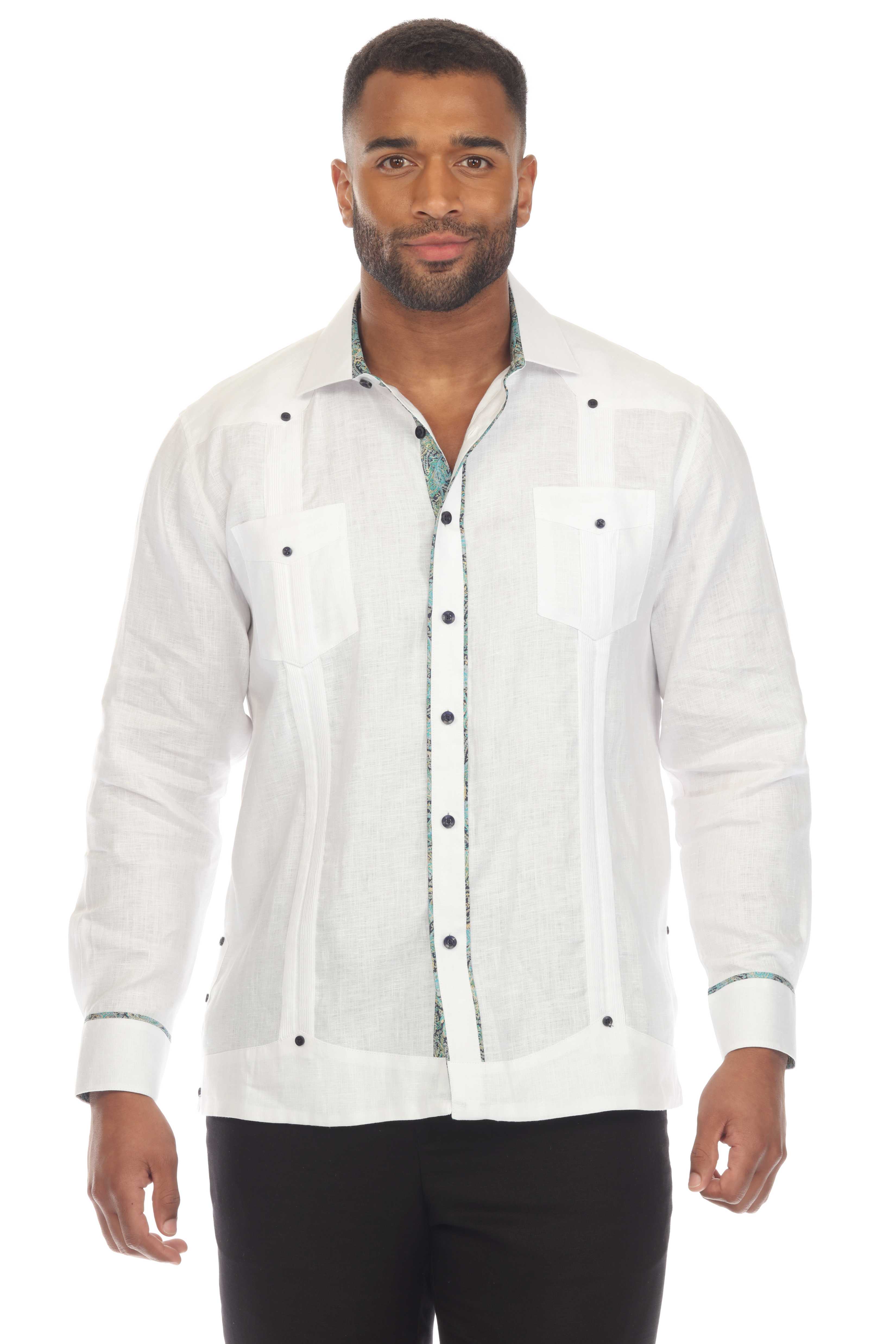 Mojito Men's 100% Linen Guayabera Chacabana Shirt Long Sleeve with Contrast Trim Accent