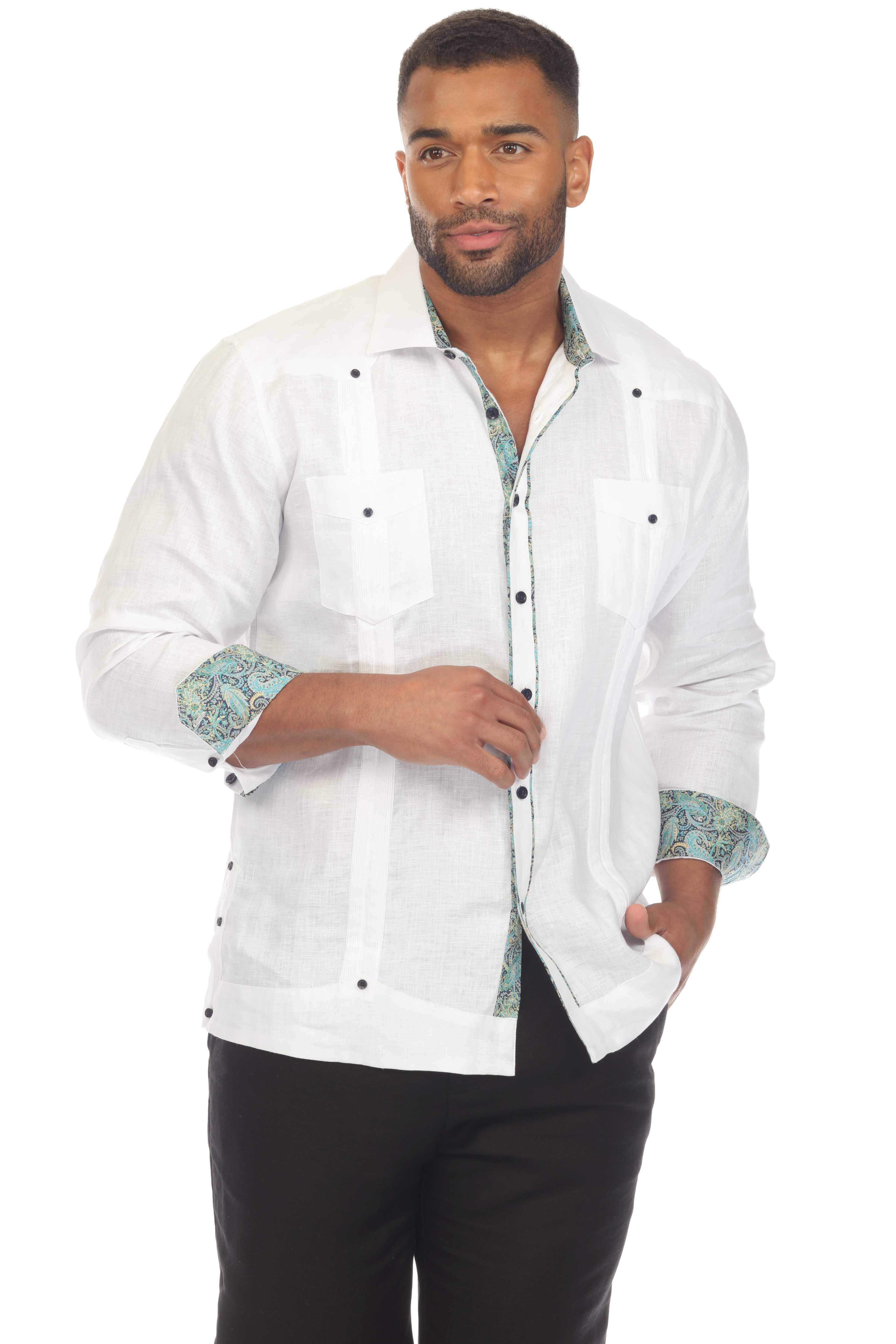 Mojito Men's 100% Linen Guayabera Chacabana Shirt Long Sleeve with Contrast Trim Accent