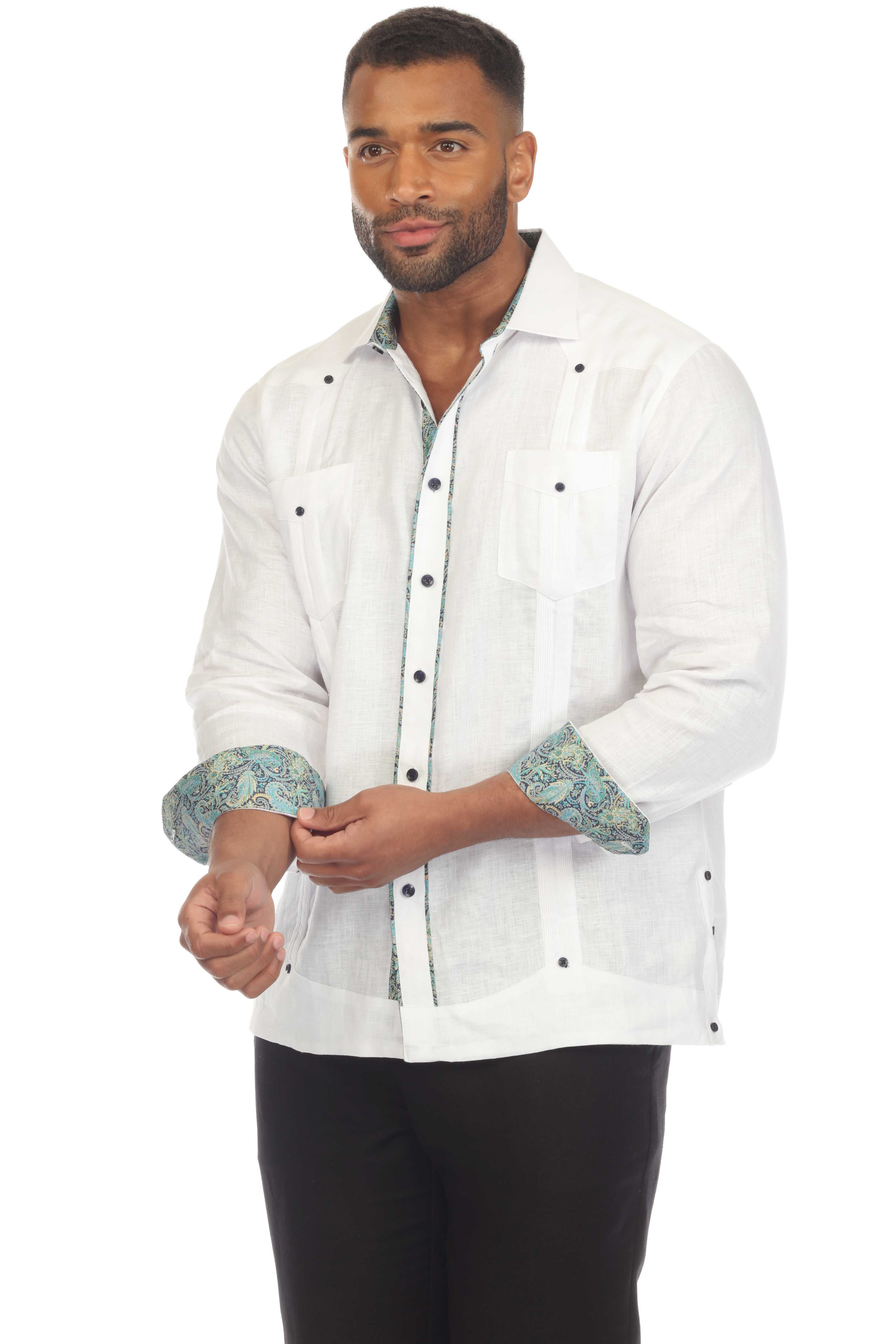 Mojito Men's 100% Linen Guayabera Chacabana Shirt Long Sleeve with Contrast Trim Accent